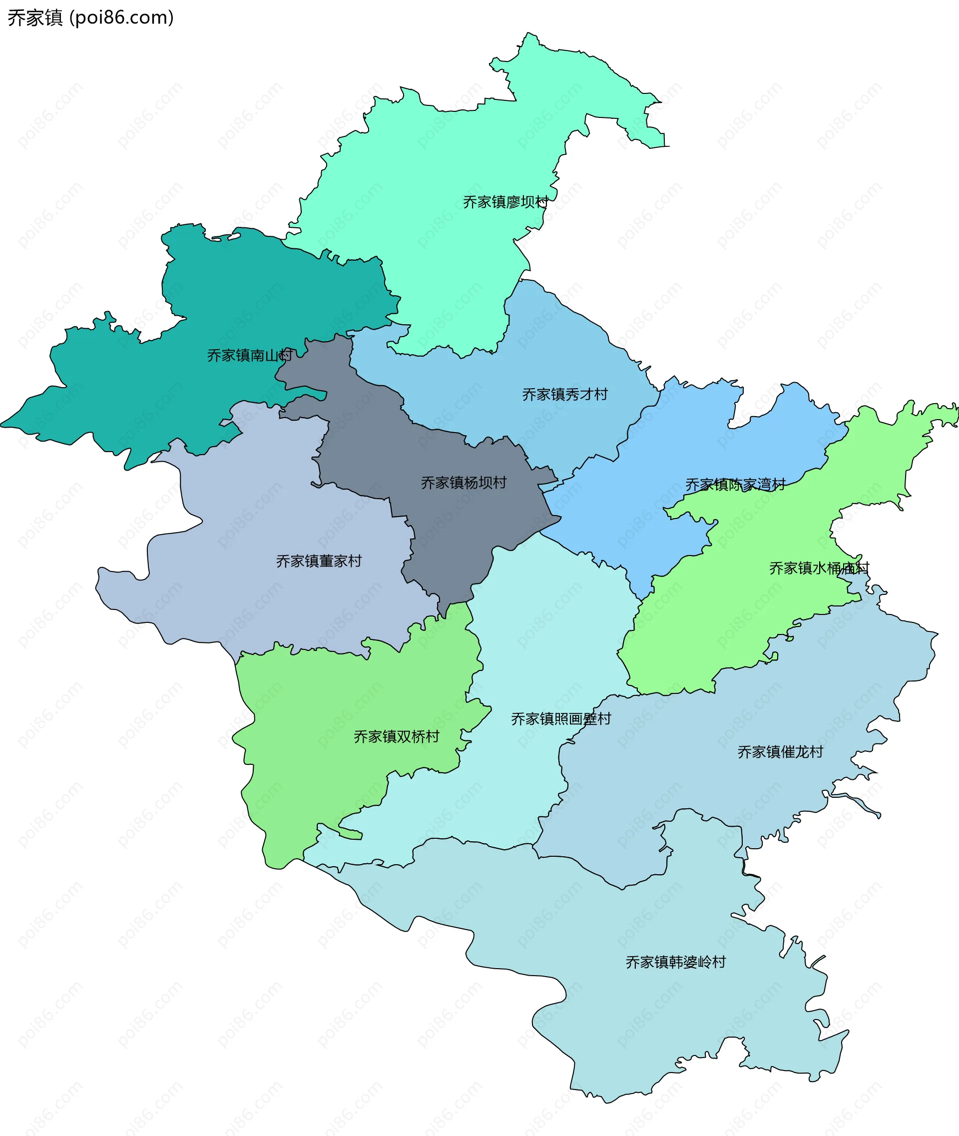 乔家镇边界地图(五级行政区划)