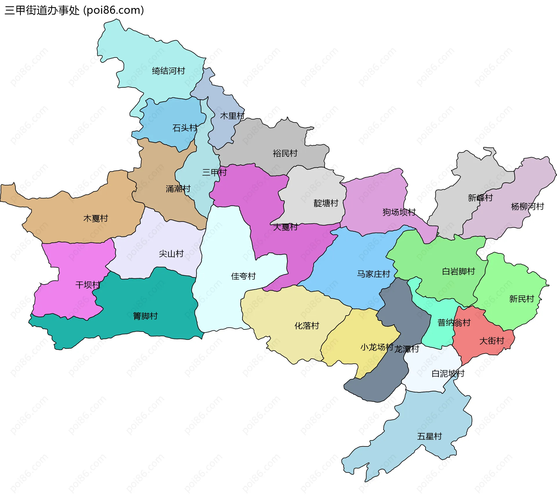 三甲街道办事处边界地图(五级行政区划)