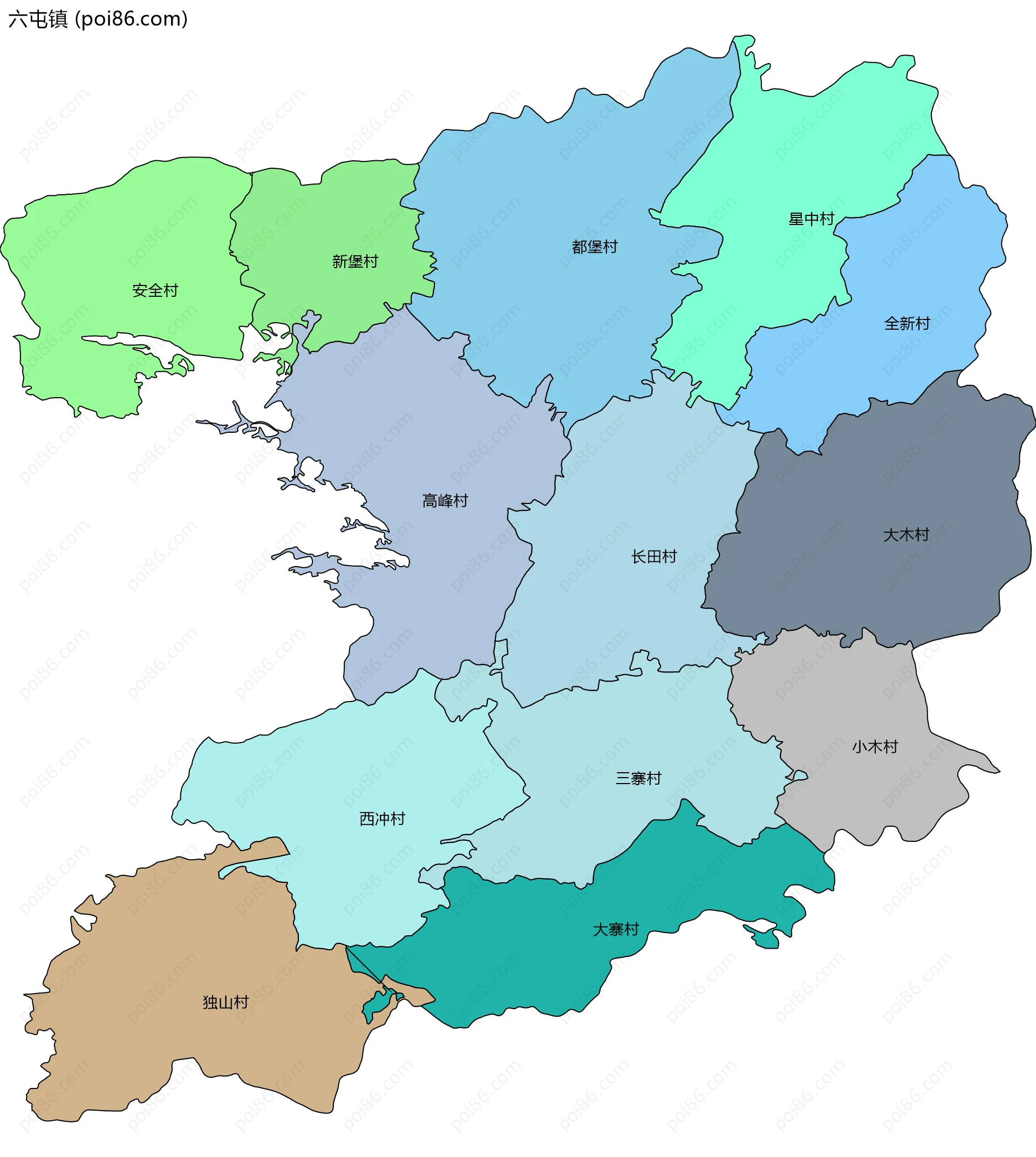 六屯镇边界地图(五级行政区划)