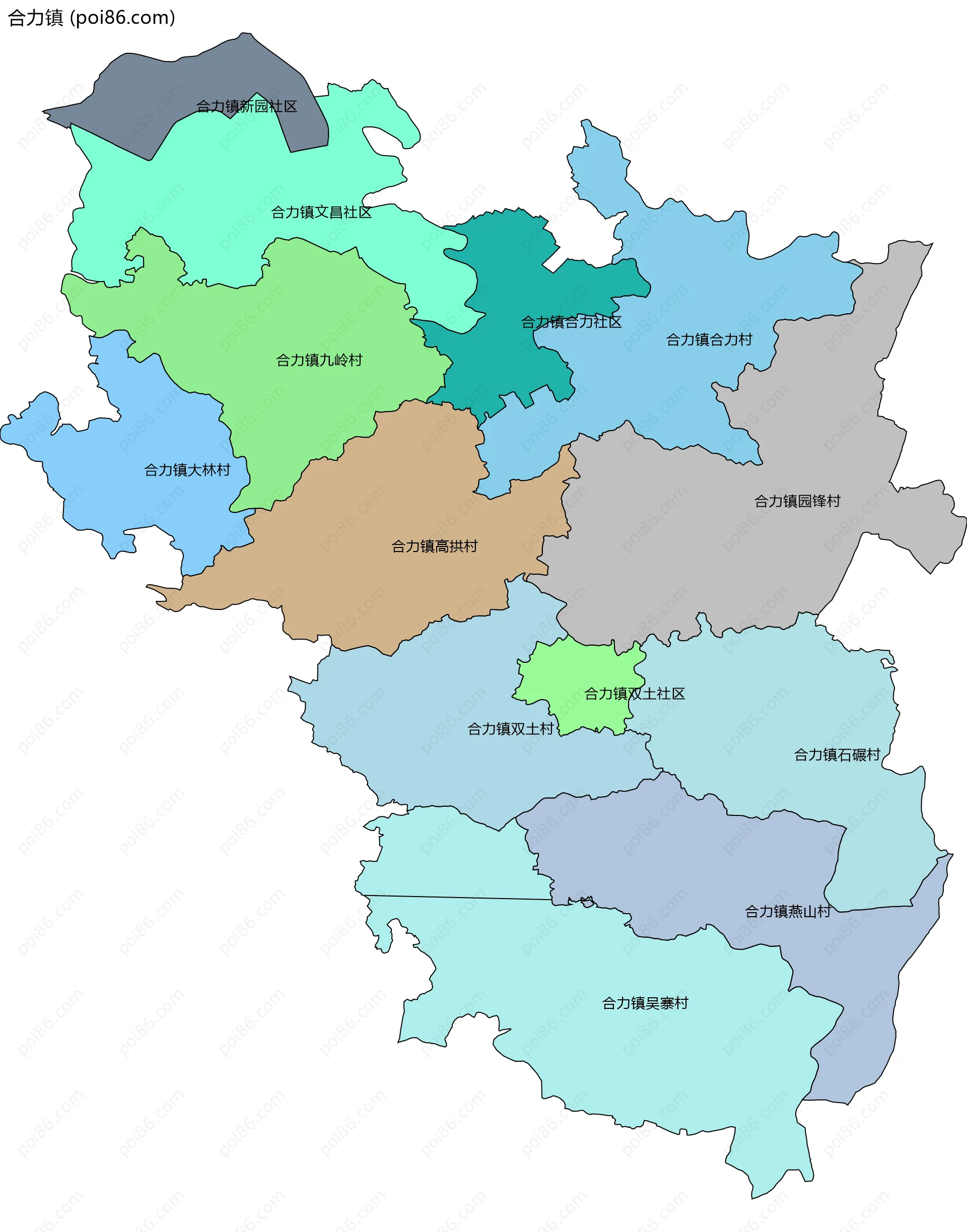 合力镇边界地图(五级行政区划)