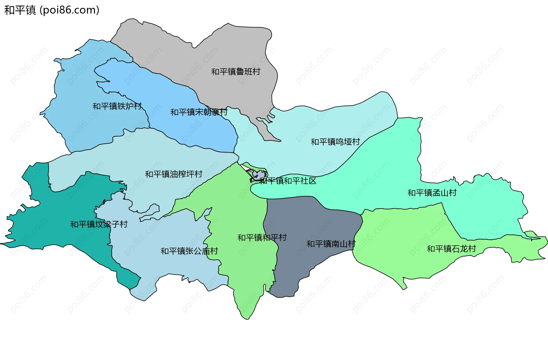 和平镇边界地图(五级行政区划)