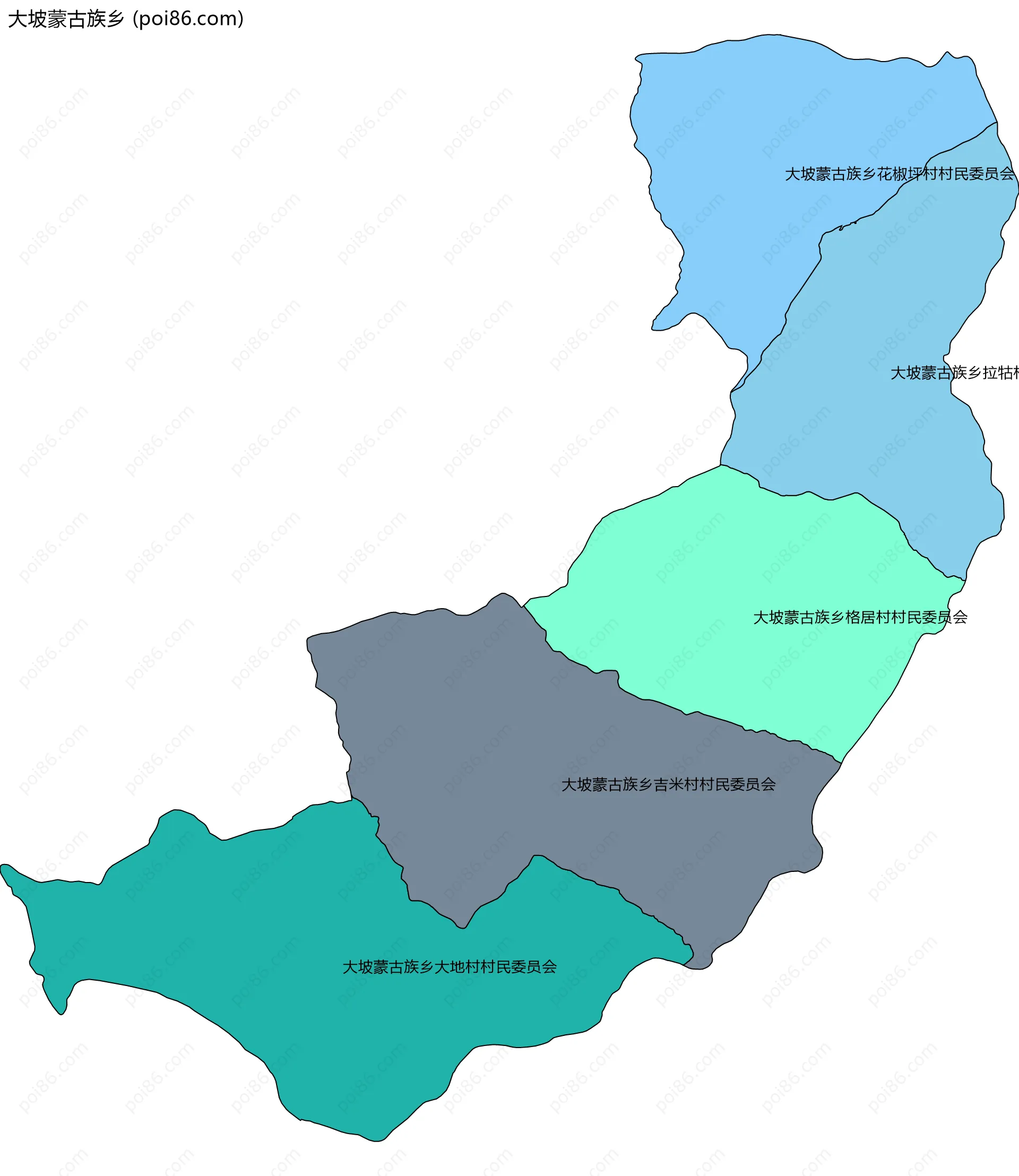 大坡蒙古族乡边界地图(五级行政区划)