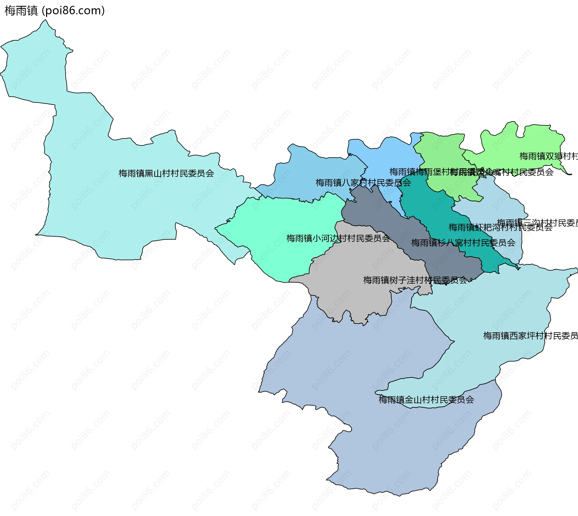 梅雨镇边界地图(五级行政区划)