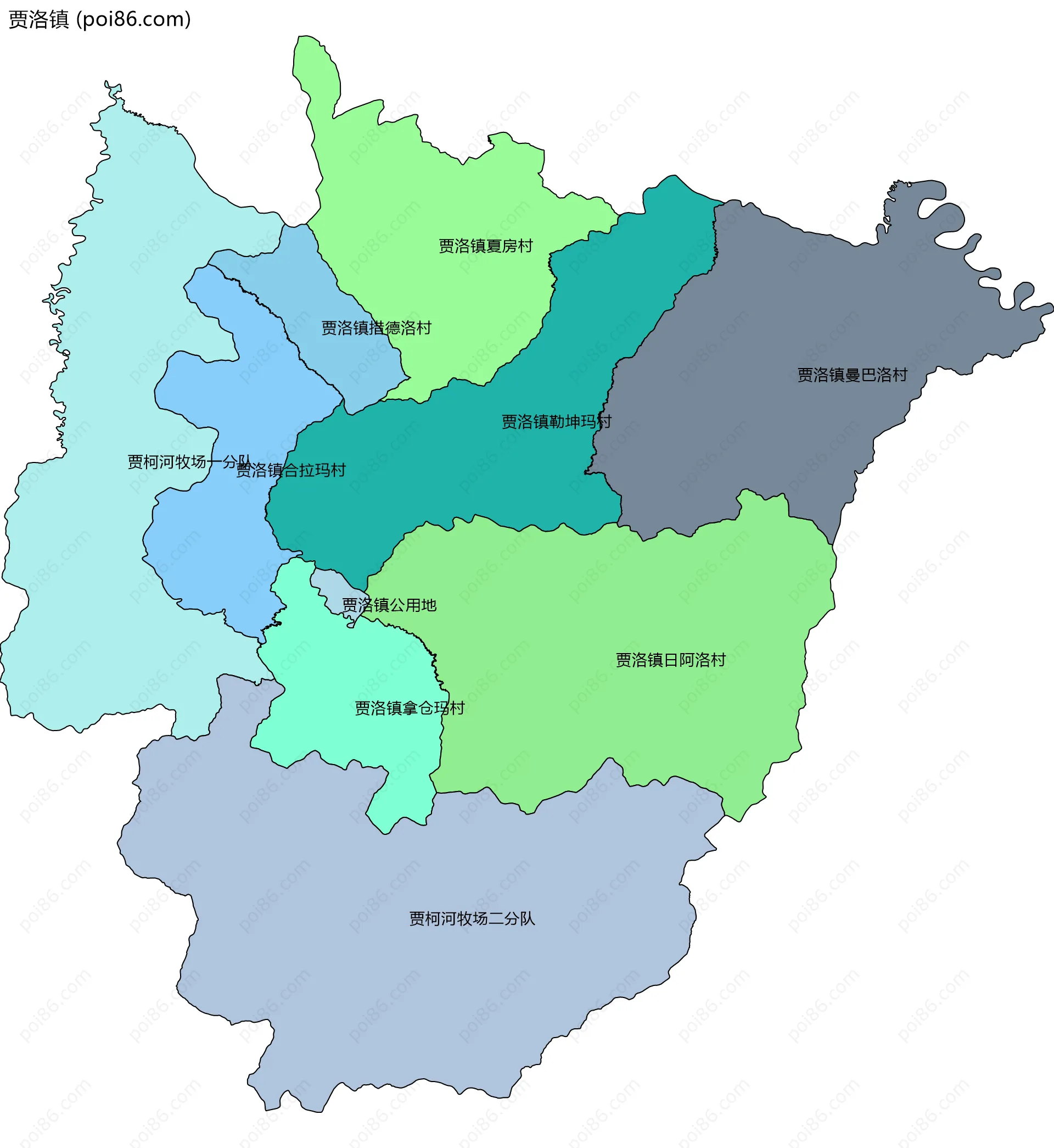 贾洛镇边界地图(五级行政区划)