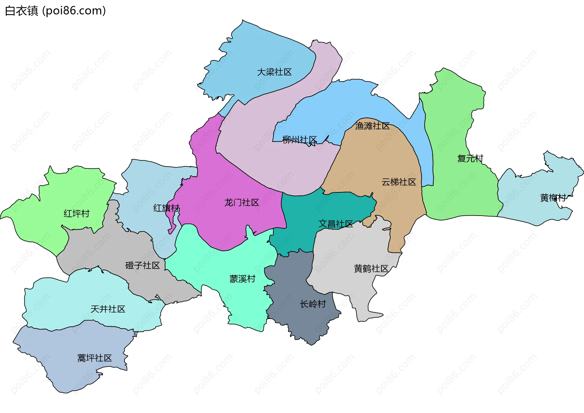 白衣镇边界地图(五级行政区划)