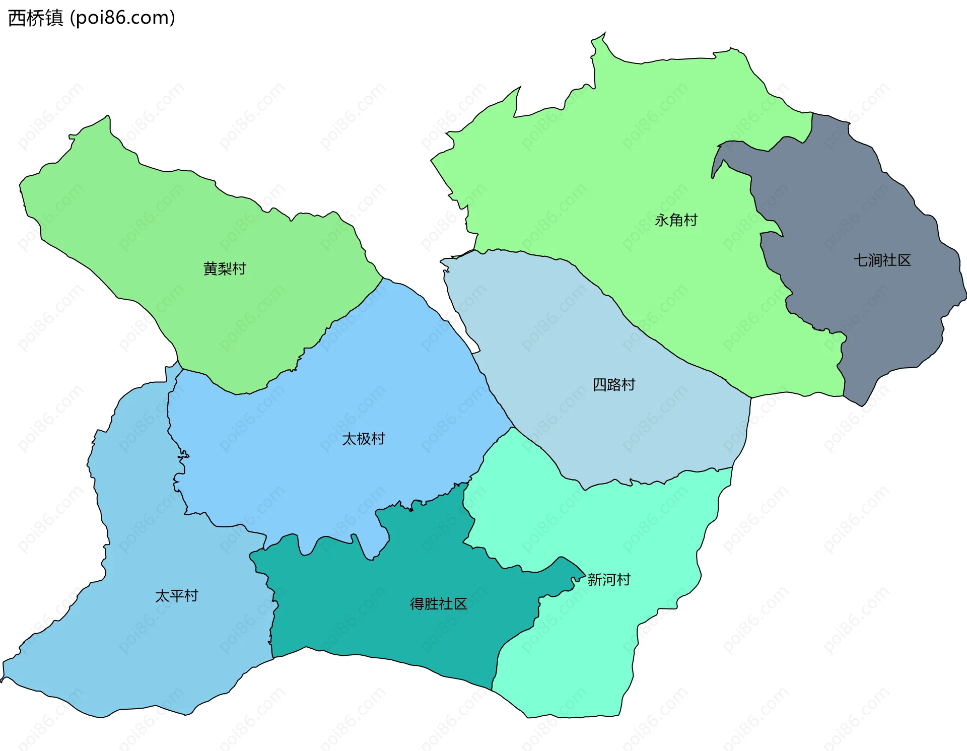 西桥镇边界地图(五级行政区划)