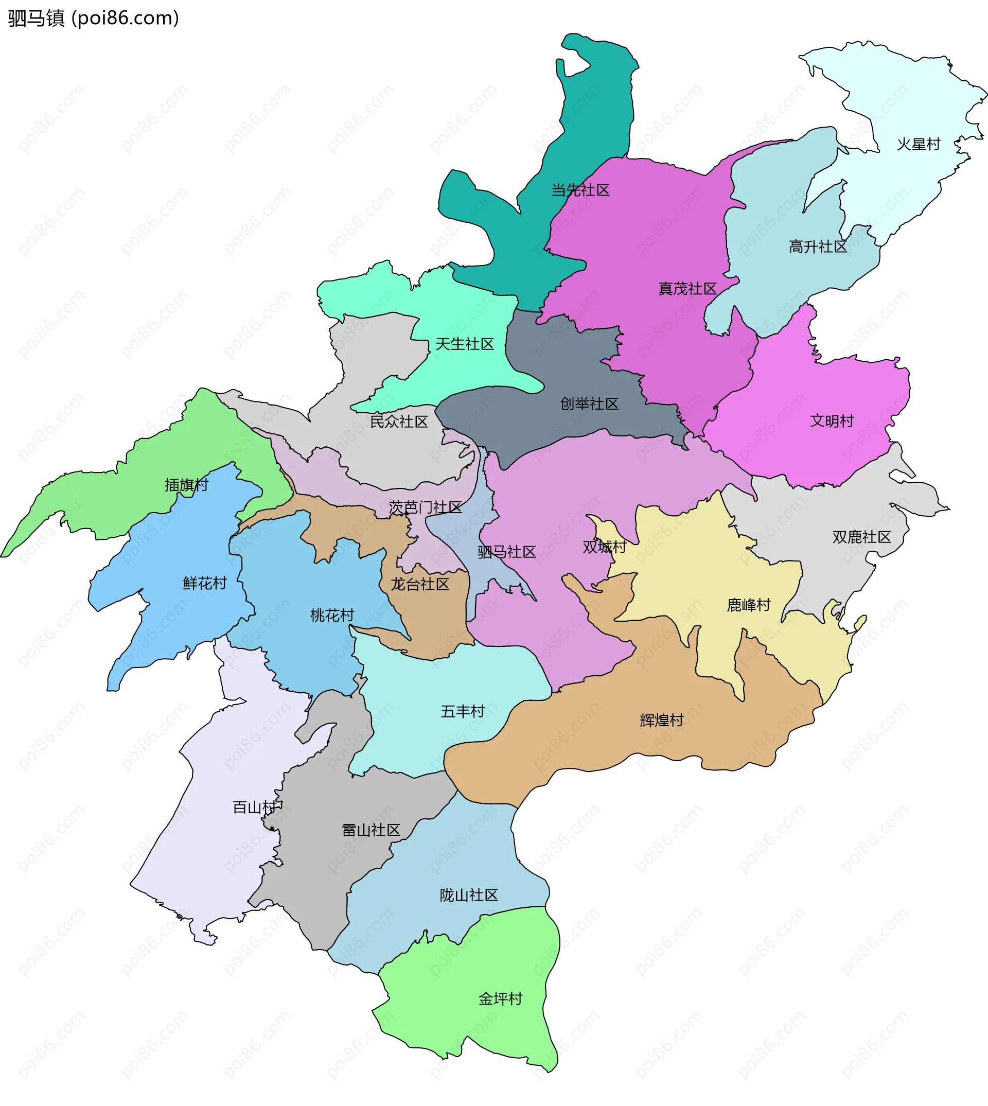 驷马镇边界地图(五级行政区划)