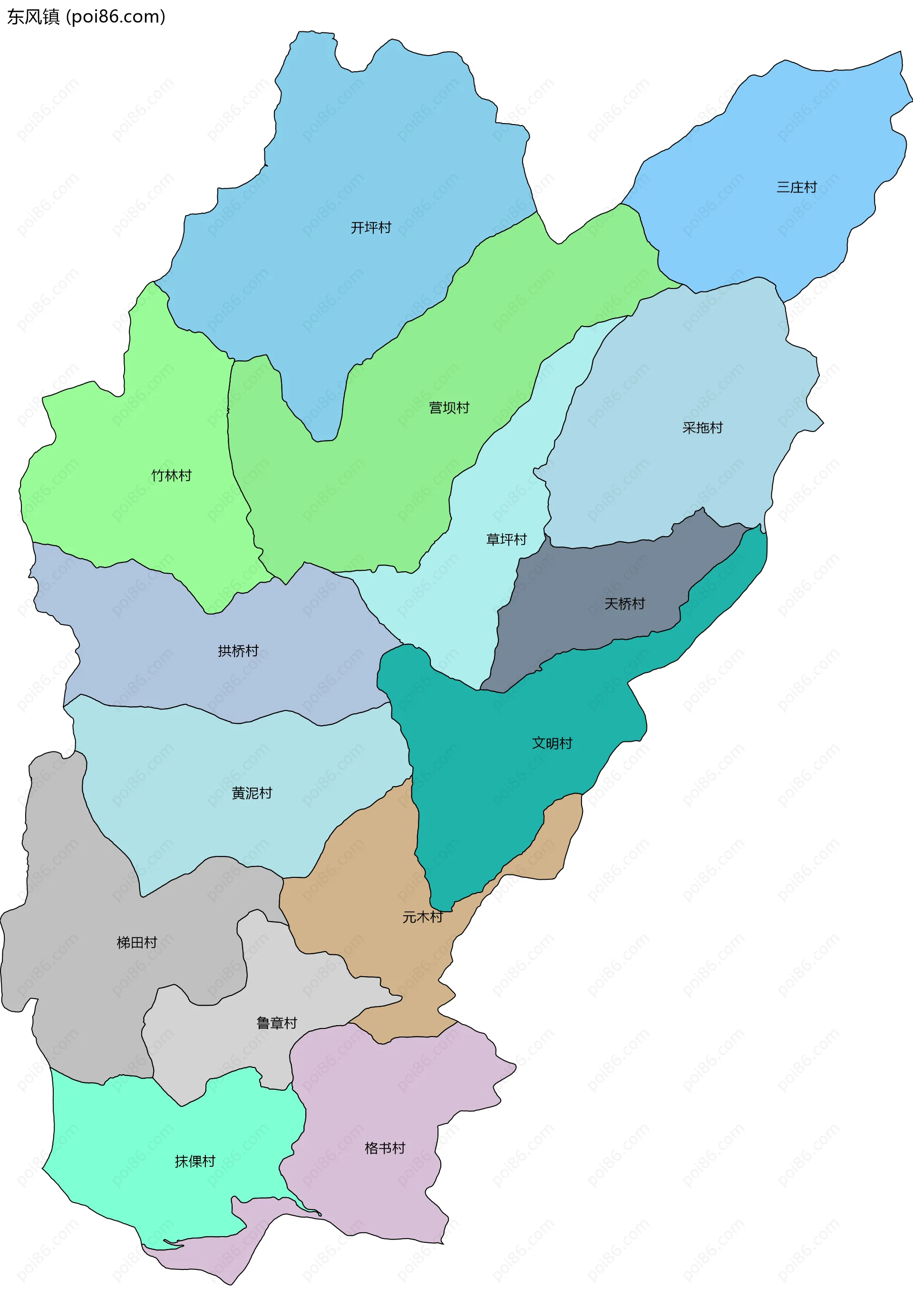 东风镇边界地图(五级行政区划)