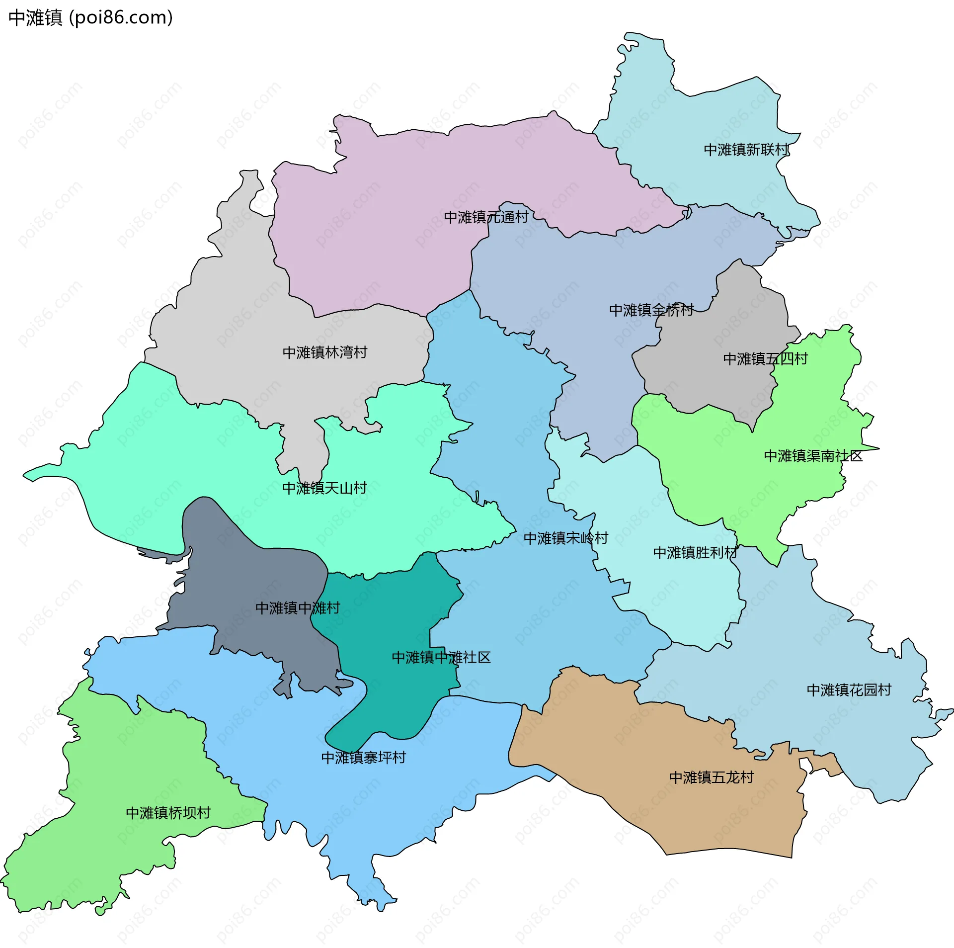 中滩镇边界地图(五级行政区划)