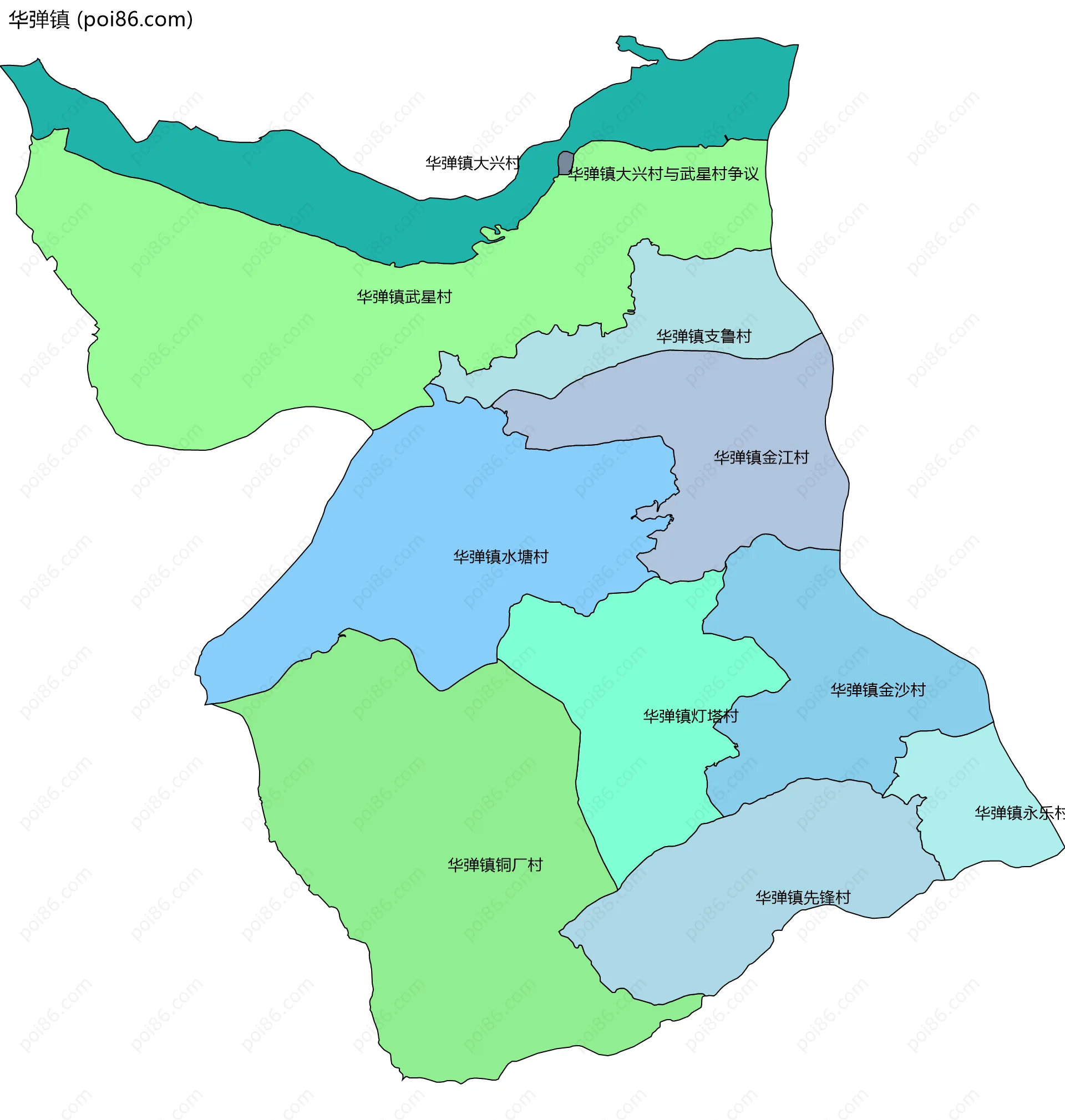 华弹镇边界地图(五级行政区划)