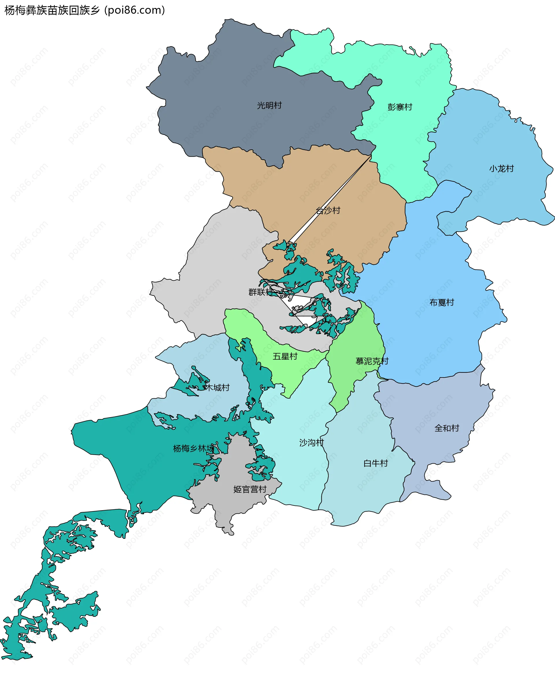 杨梅彝族苗族回族乡边界地图(五级行政区划)