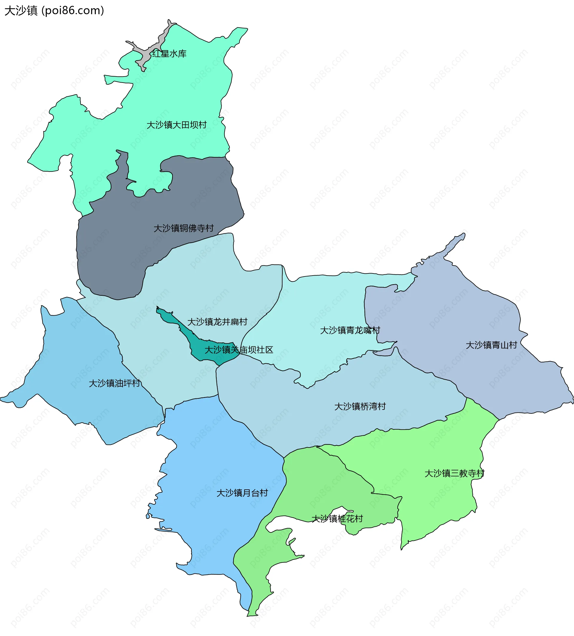 大沙镇边界地图(五级行政区划)