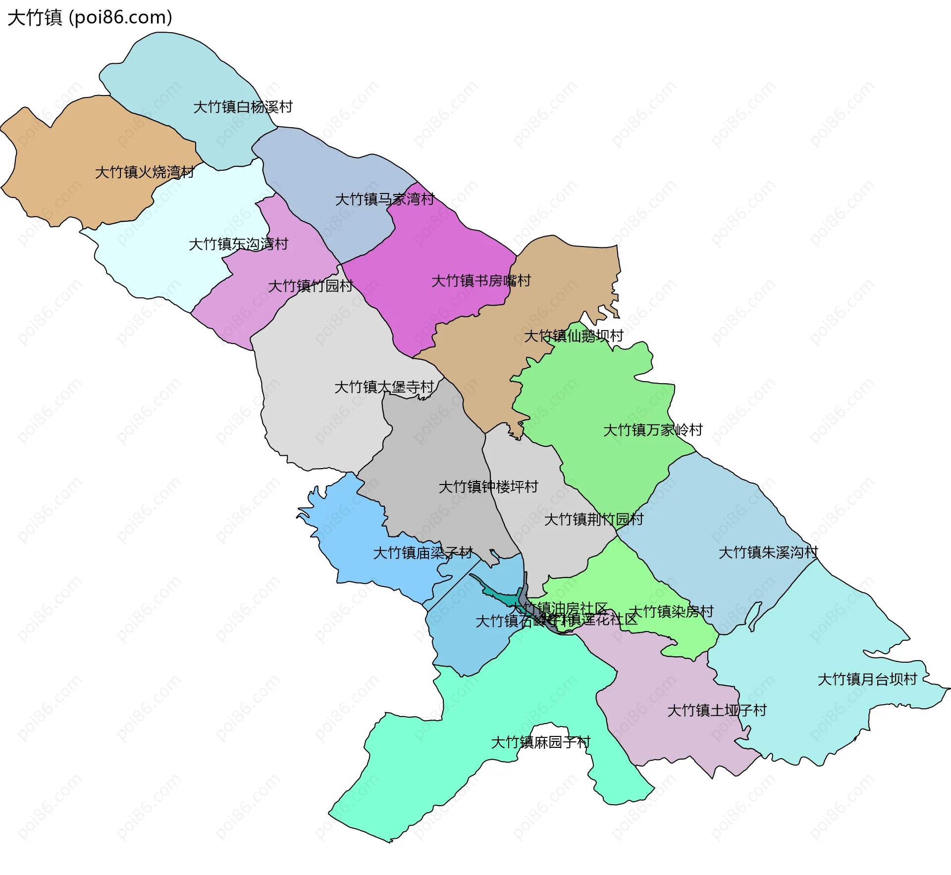 大竹镇边界地图(五级行政区划)