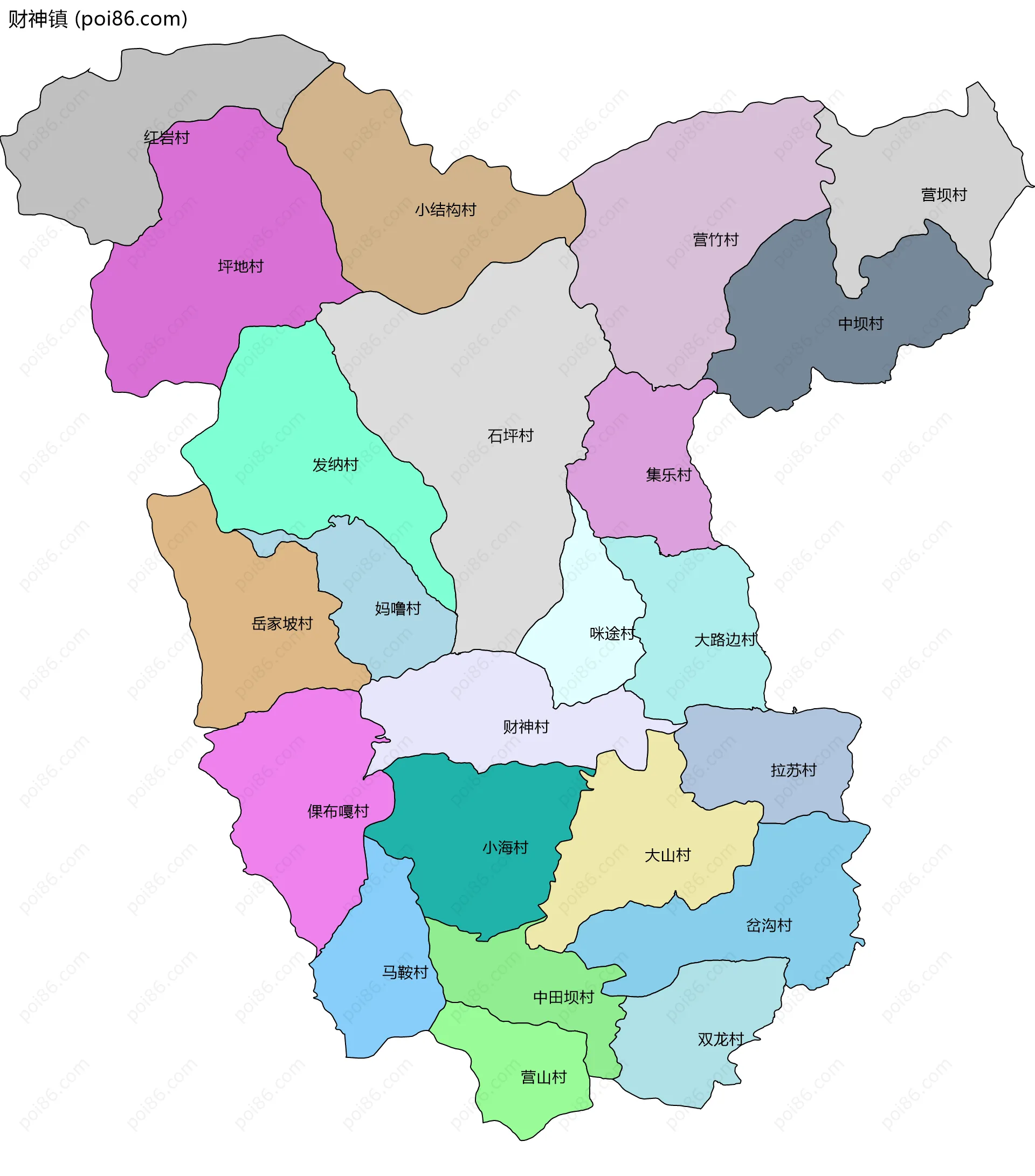 财神镇边界地图(五级行政区划)