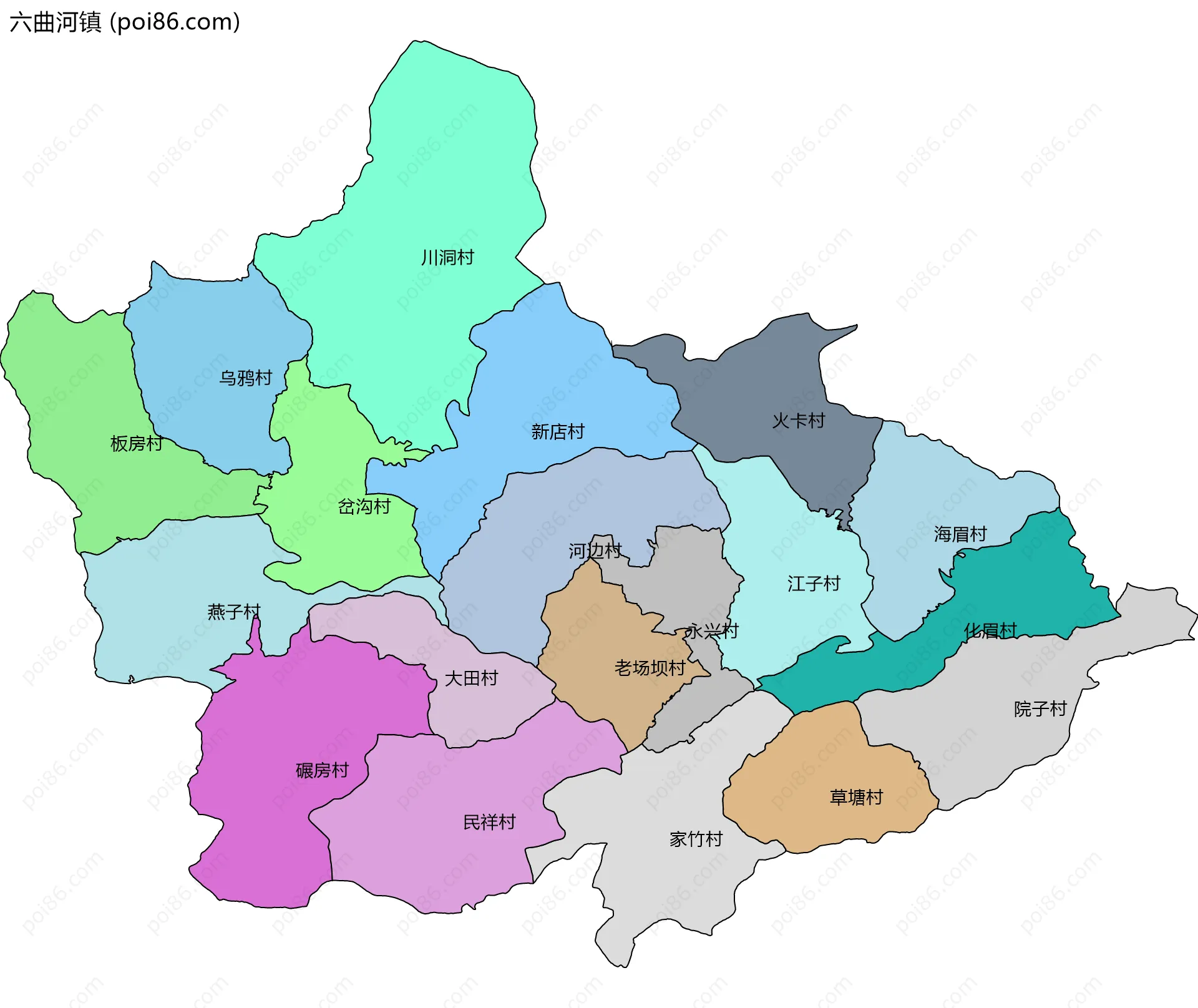 六曲河镇边界地图(五级行政区划)