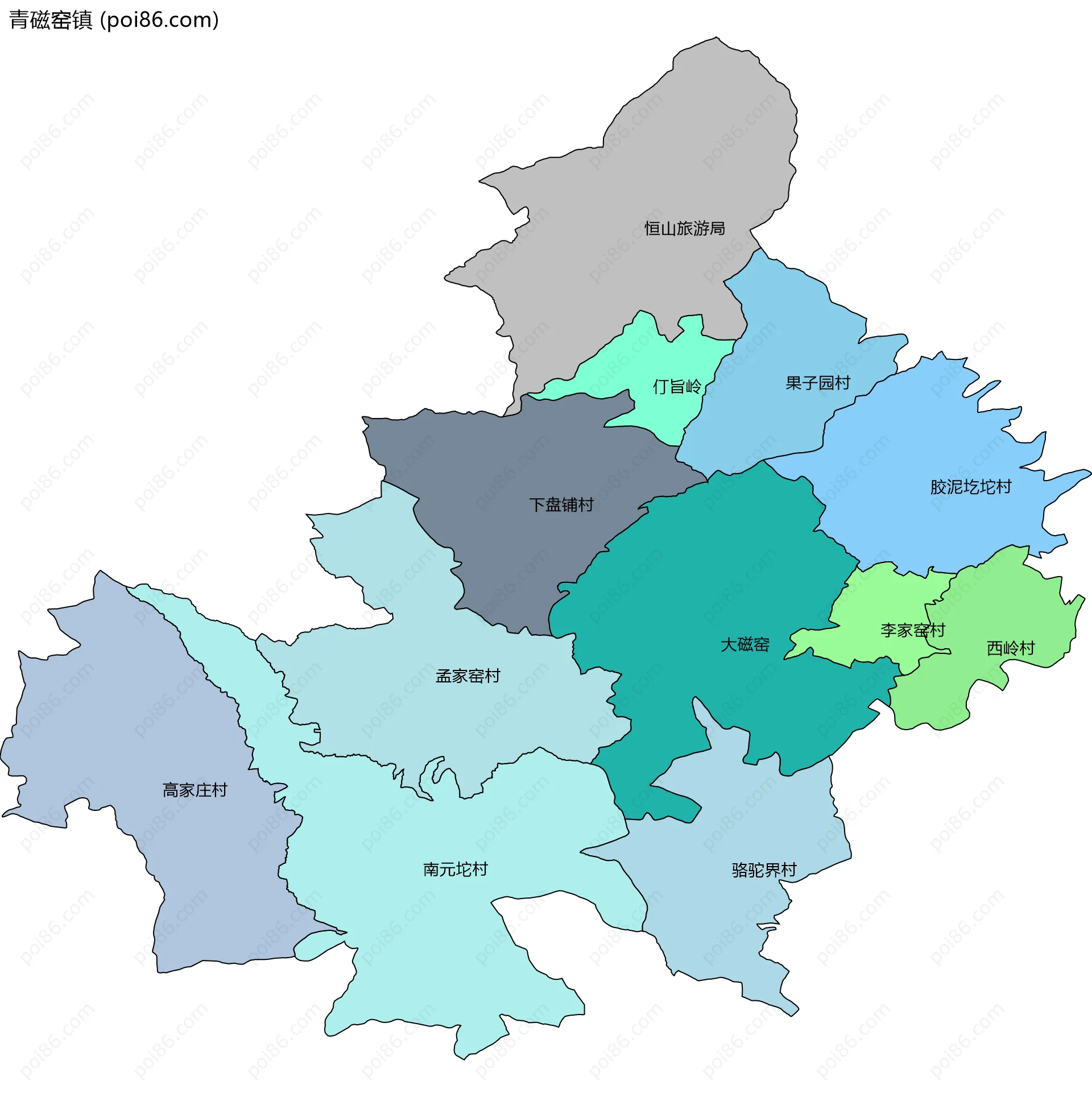 青磁窑镇边界地图(五级行政区划)