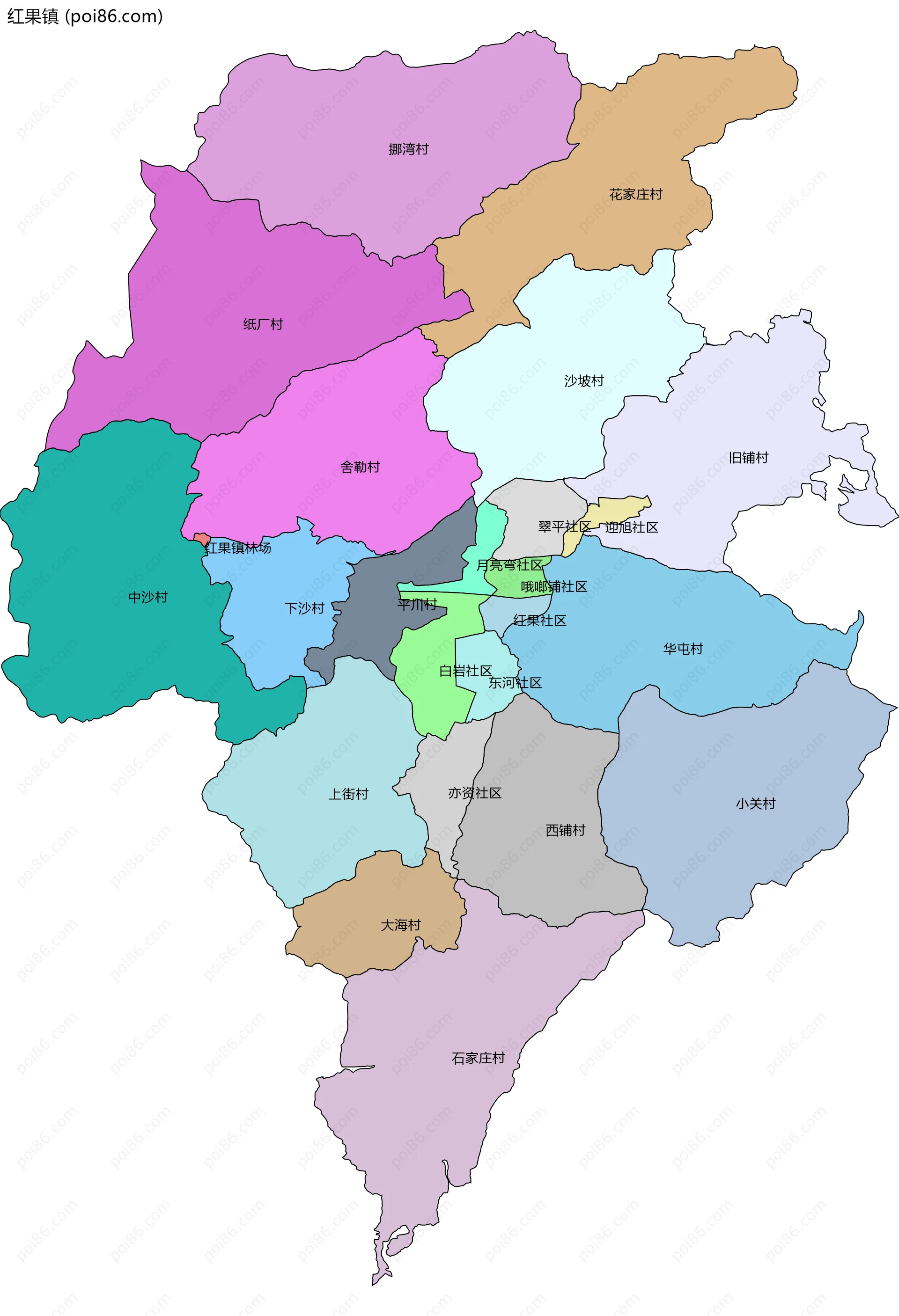 红果镇边界地图(五级行政区划)