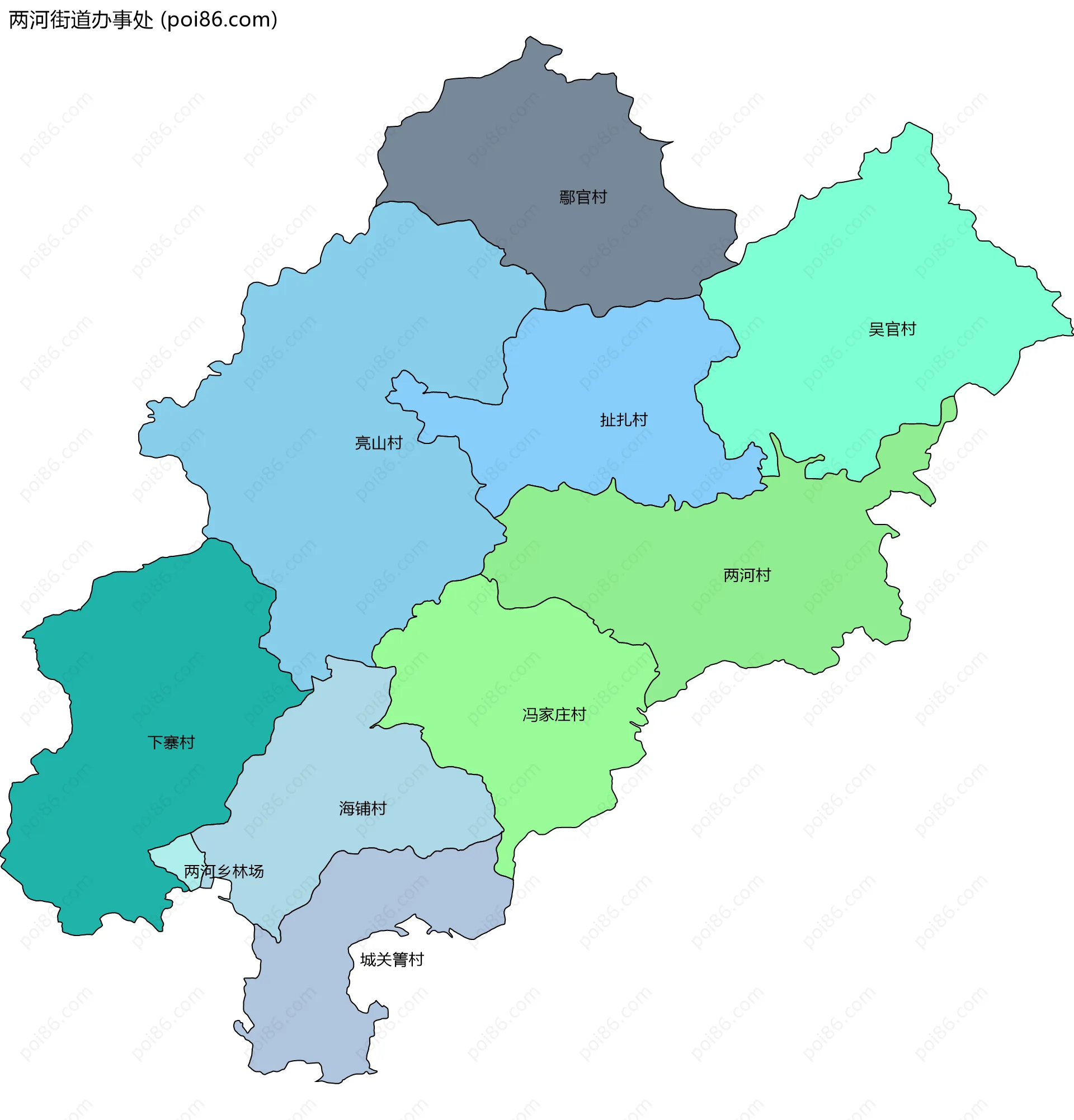 两河街道办事处边界地图(五级行政区划)
