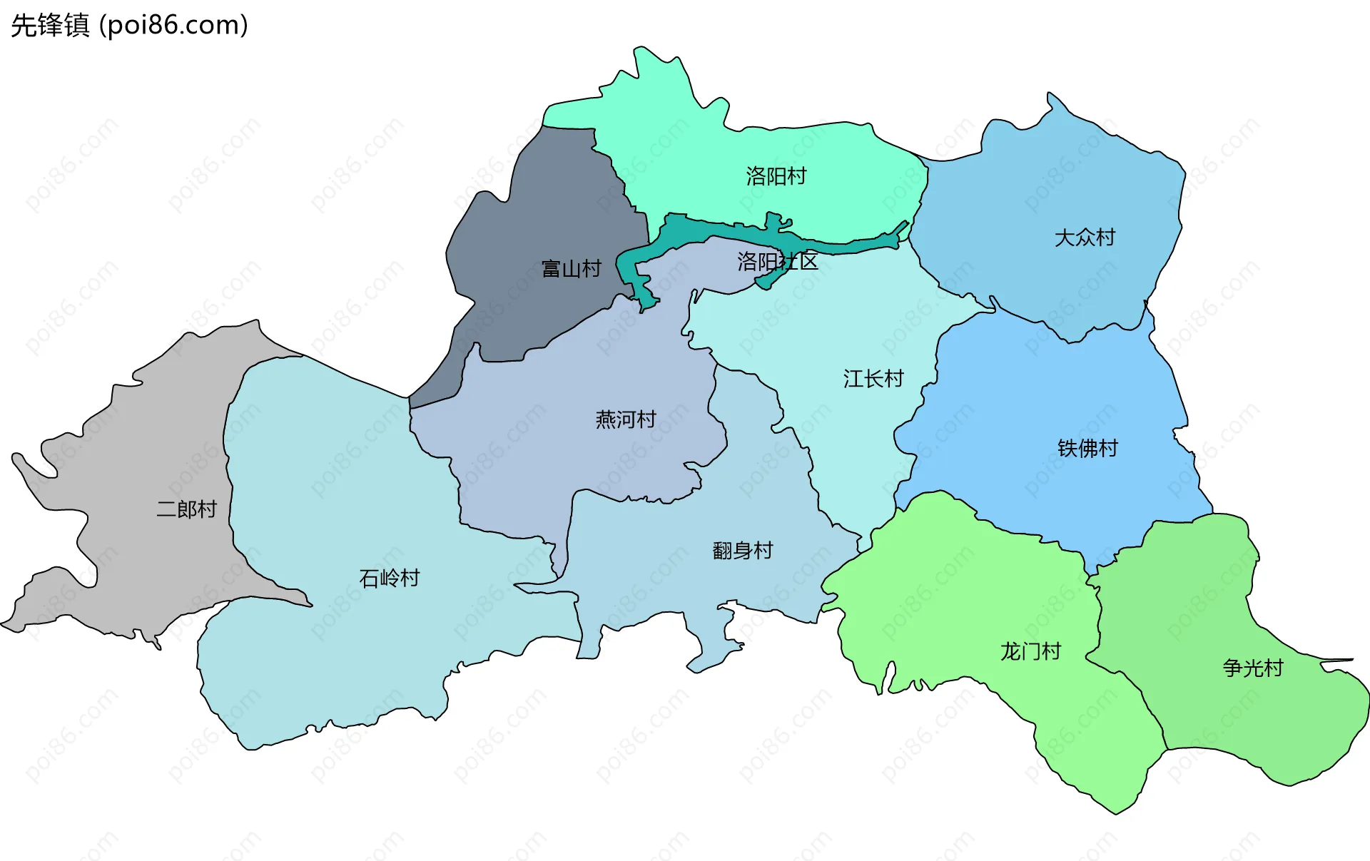 先锋镇边界地图(五级行政区划)