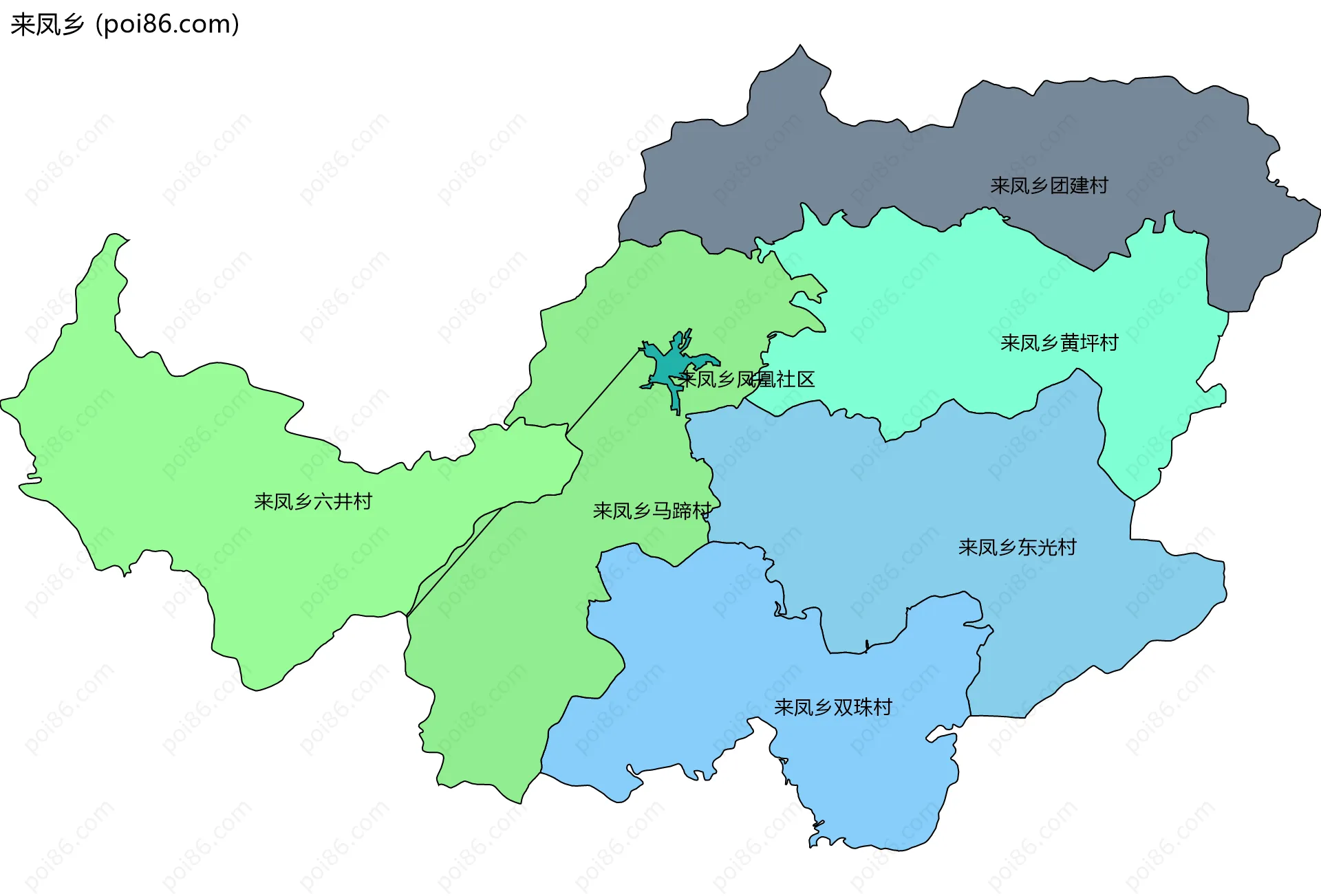来凤乡边界地图(五级行政区划)