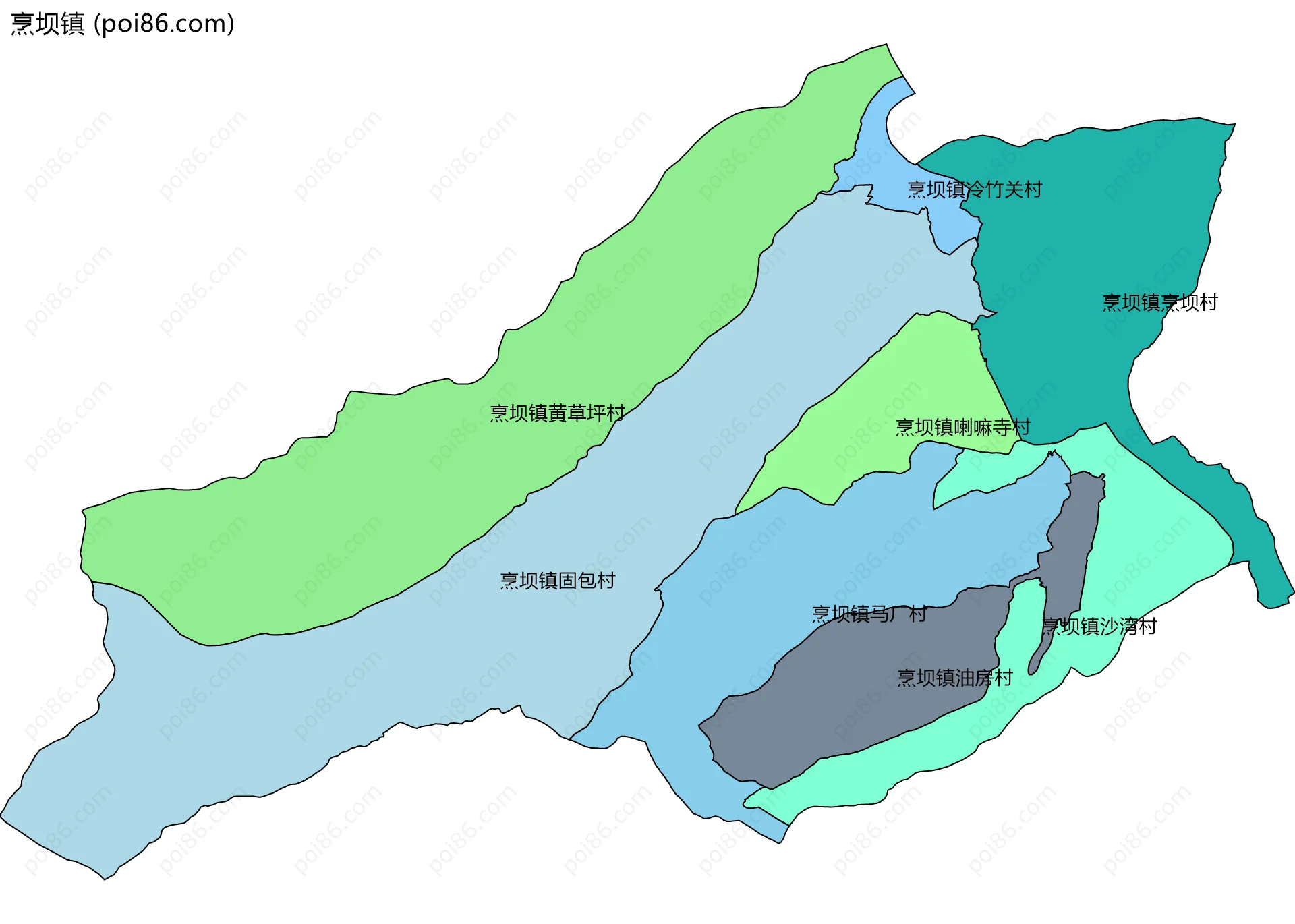烹坝镇边界地图(五级行政区划)