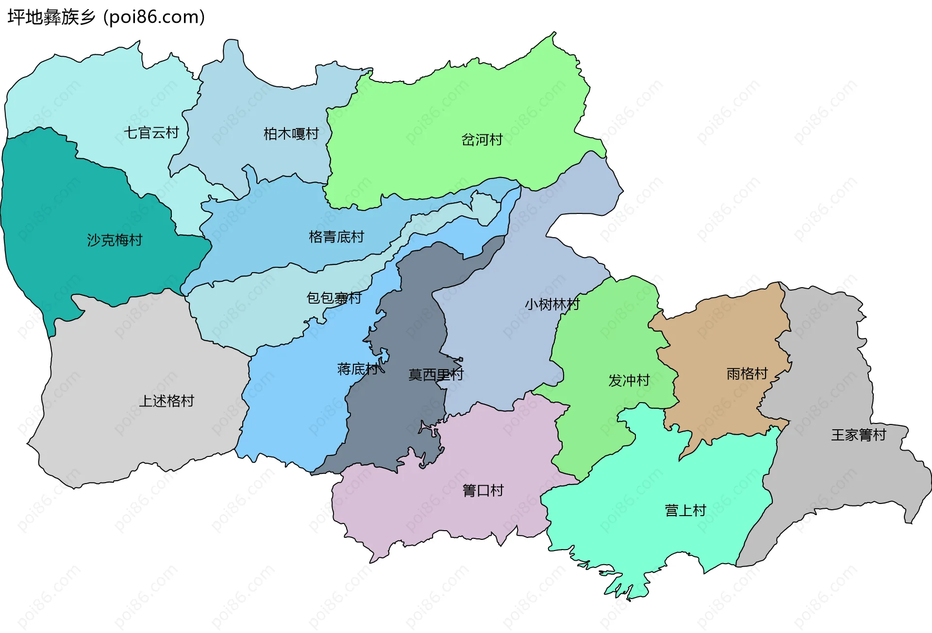 坪地彝族乡边界地图(五级行政区划)