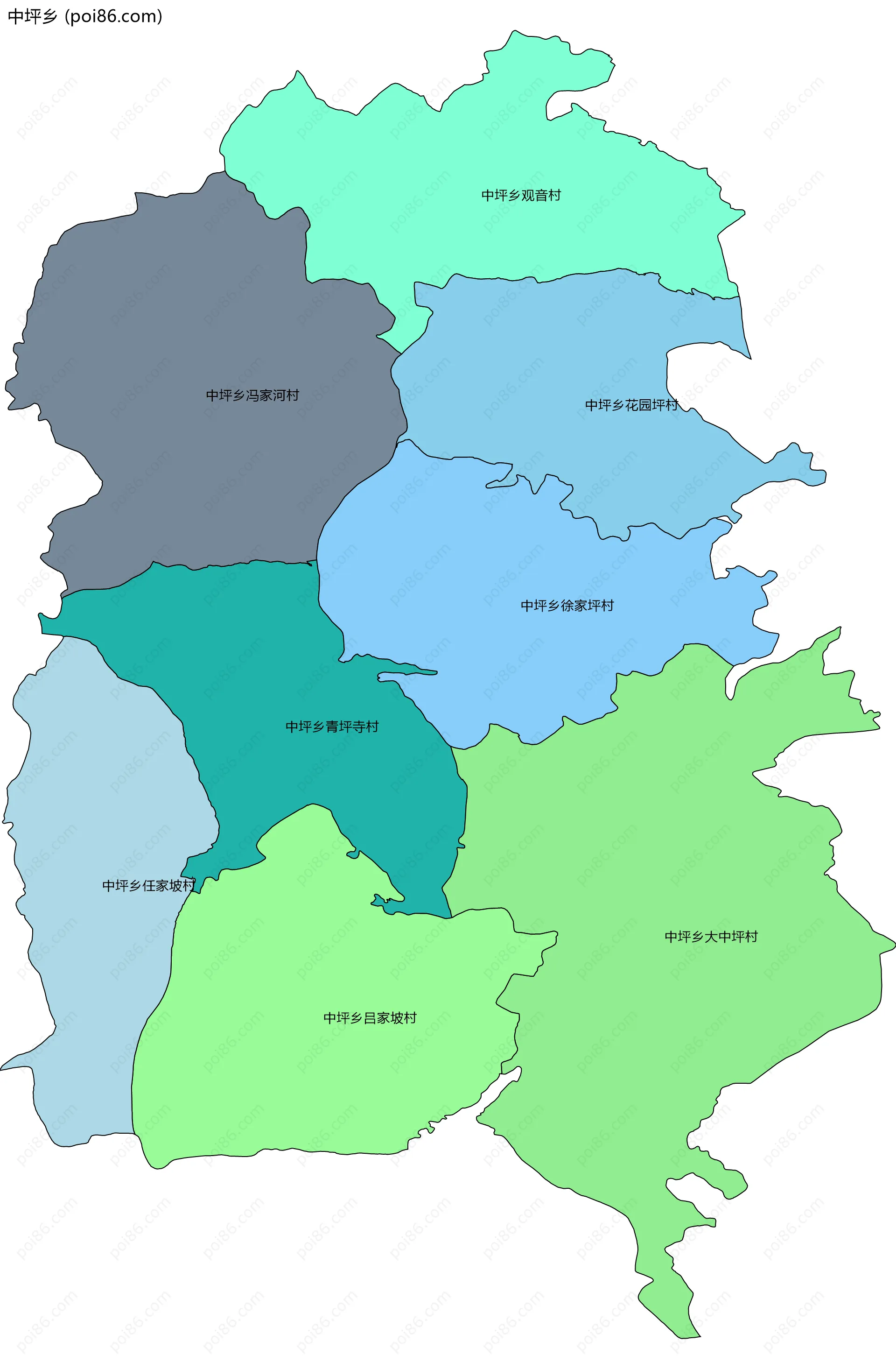 中坪乡边界地图(五级行政区划)