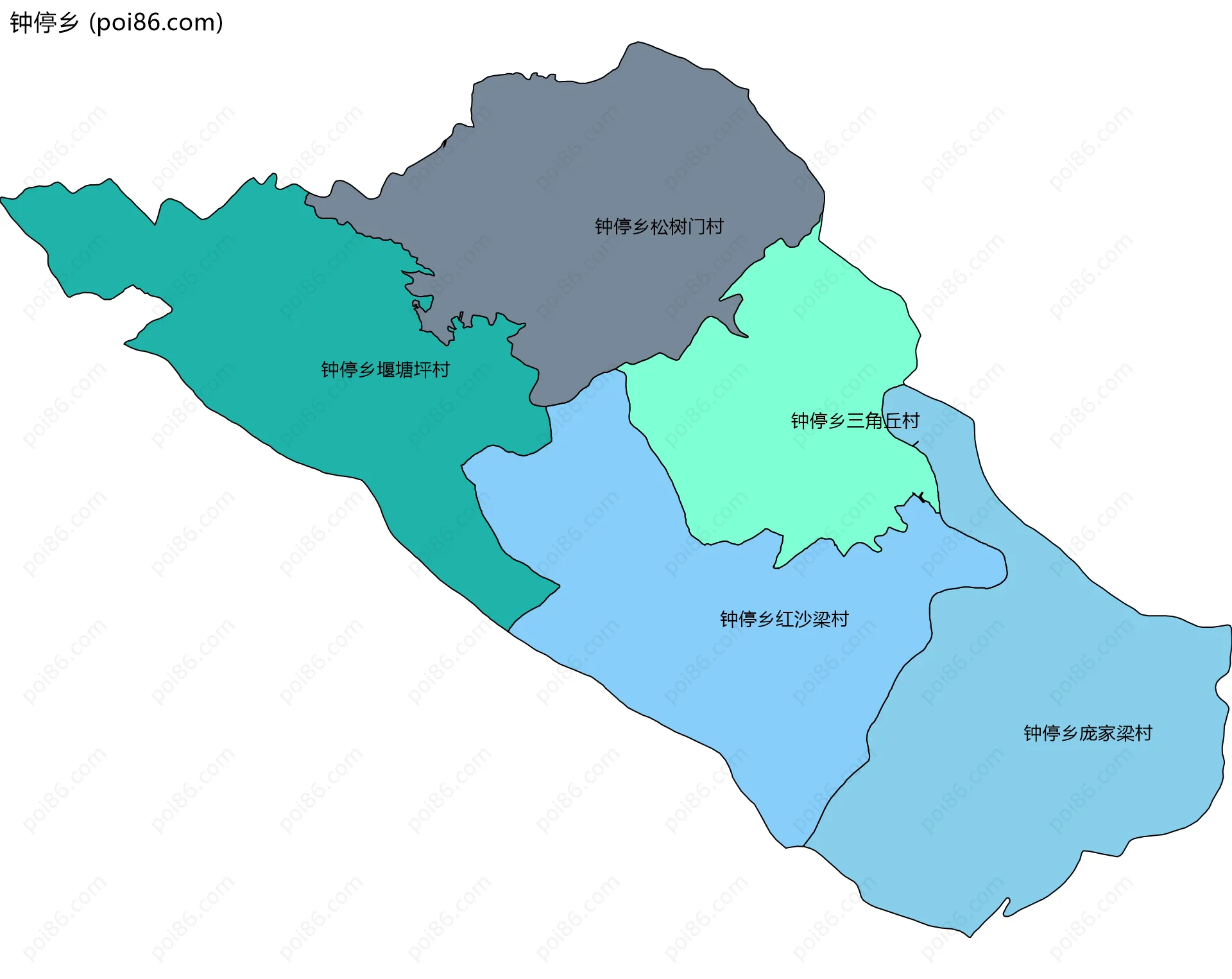 钟停乡边界地图(五级行政区划)