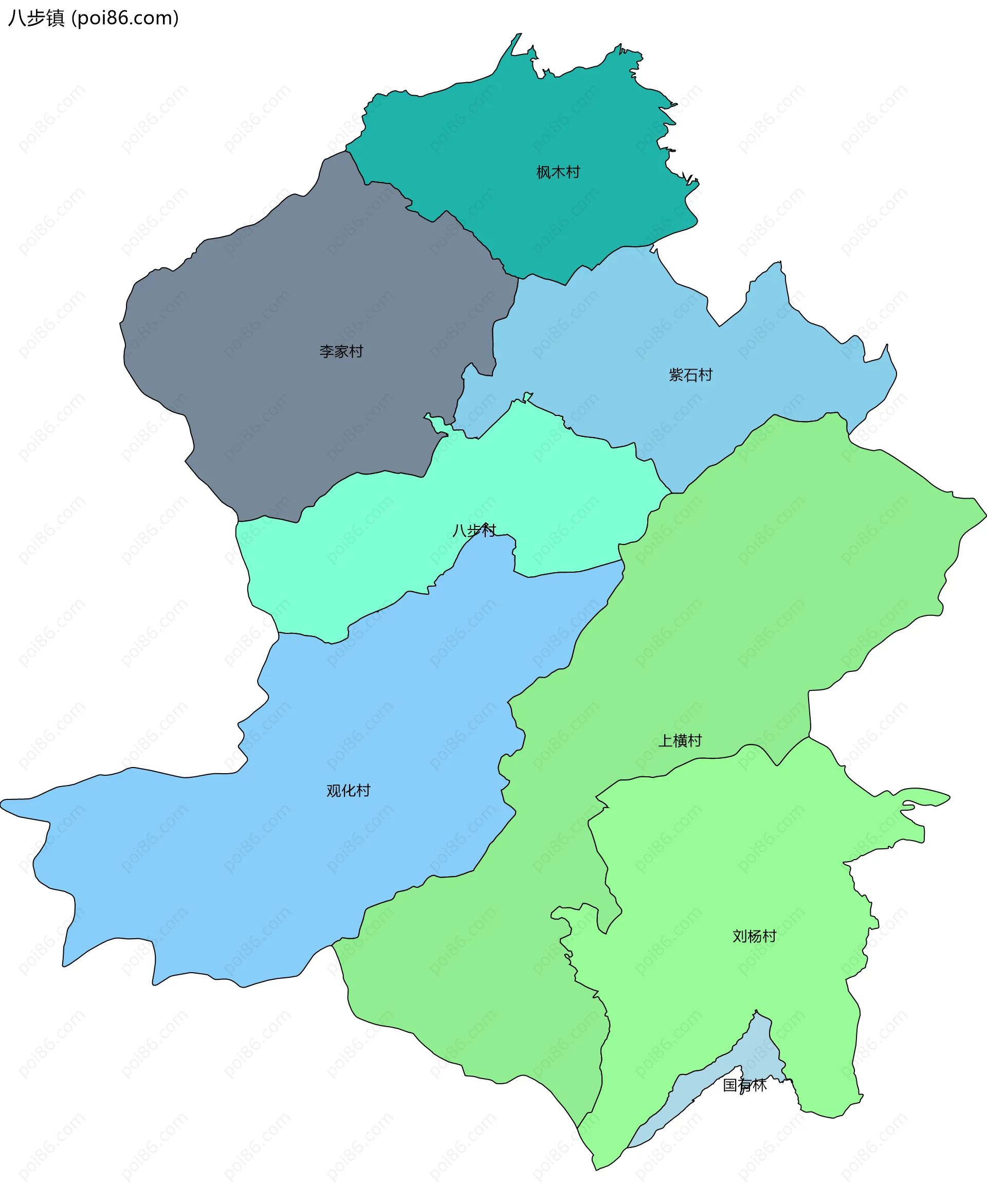 八步镇边界地图(五级行政区划)