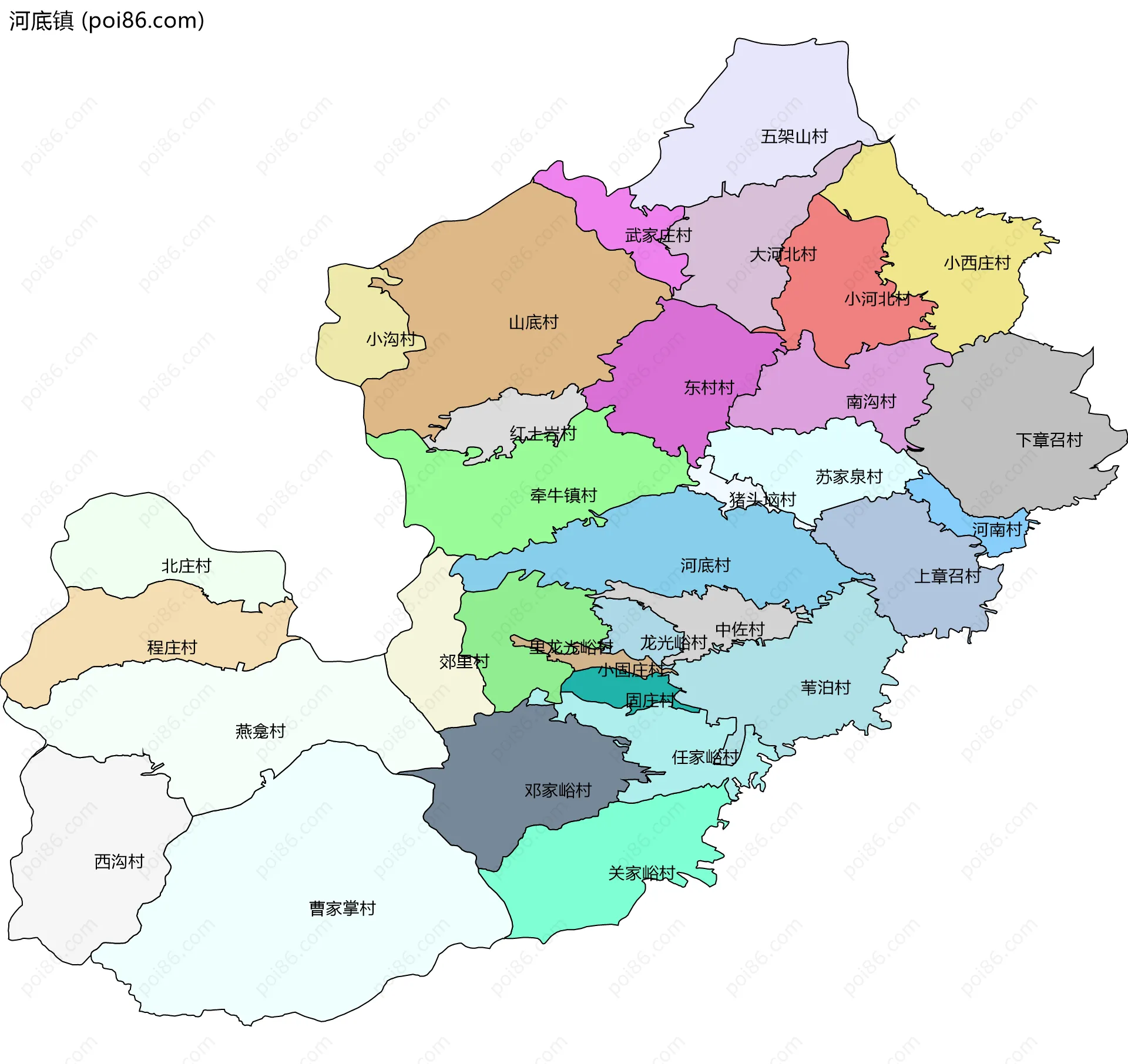 河底镇边界地图(五级行政区划)