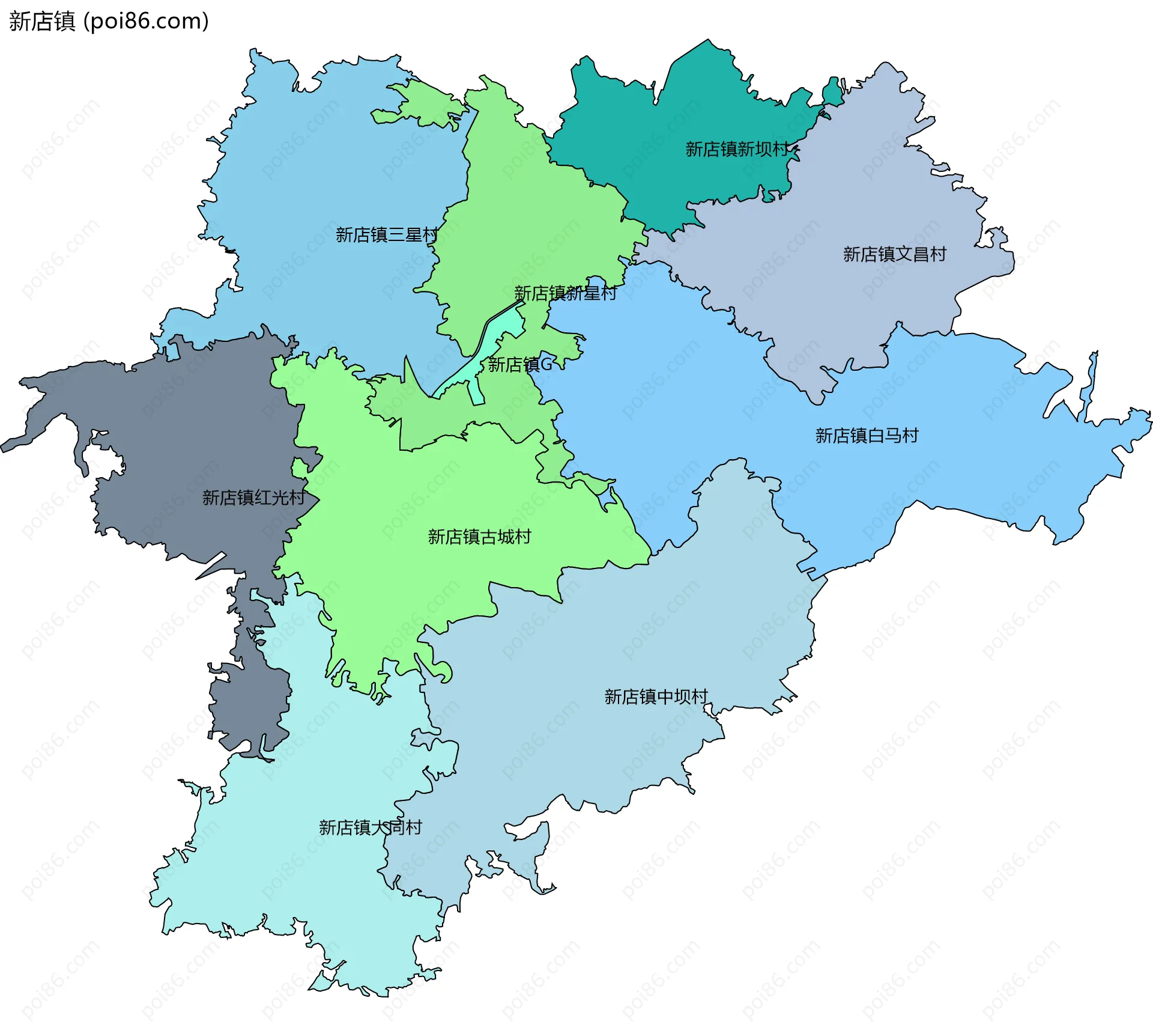 新店镇边界地图(五级行政区划)