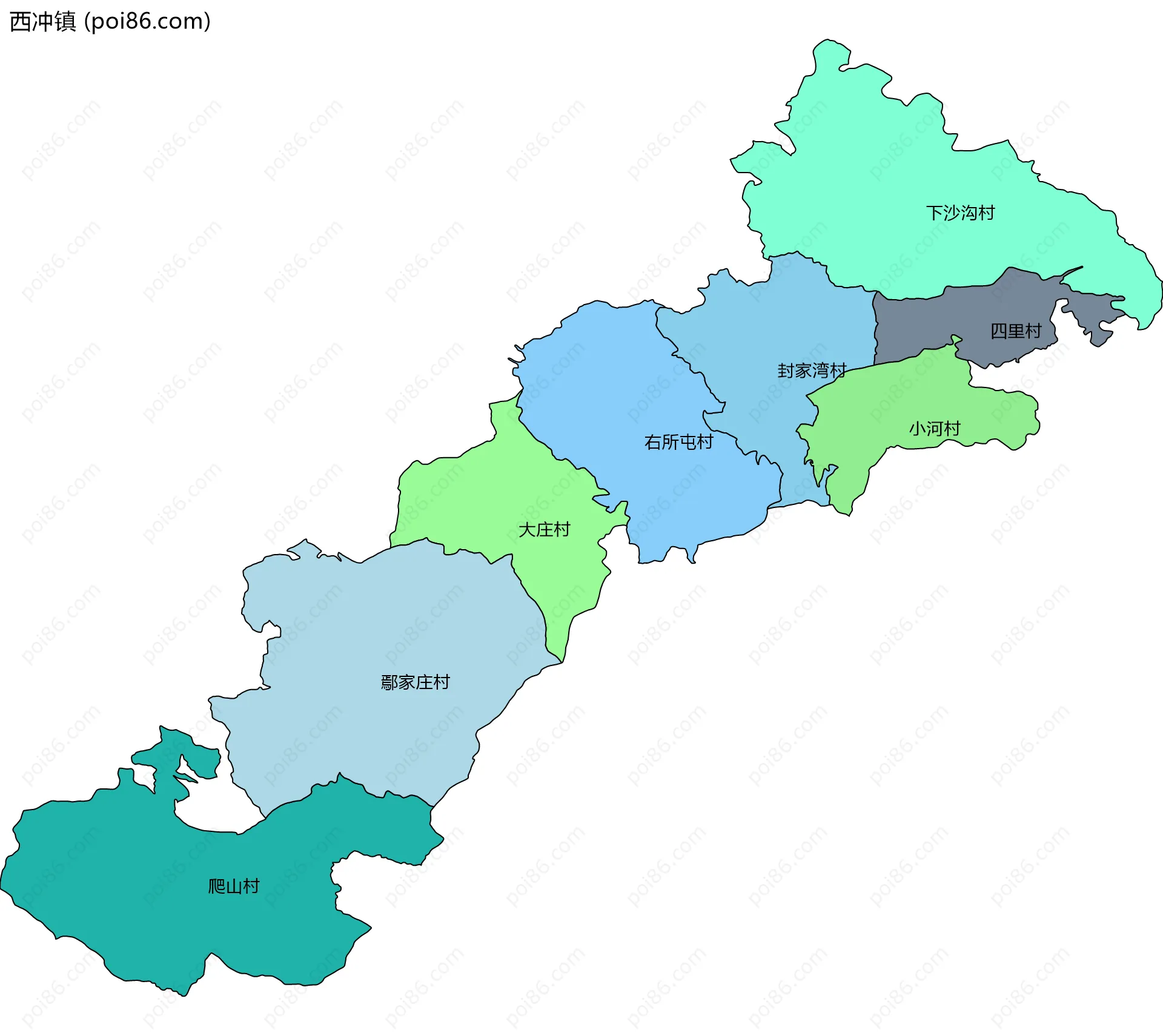 西冲镇边界地图(五级行政区划)