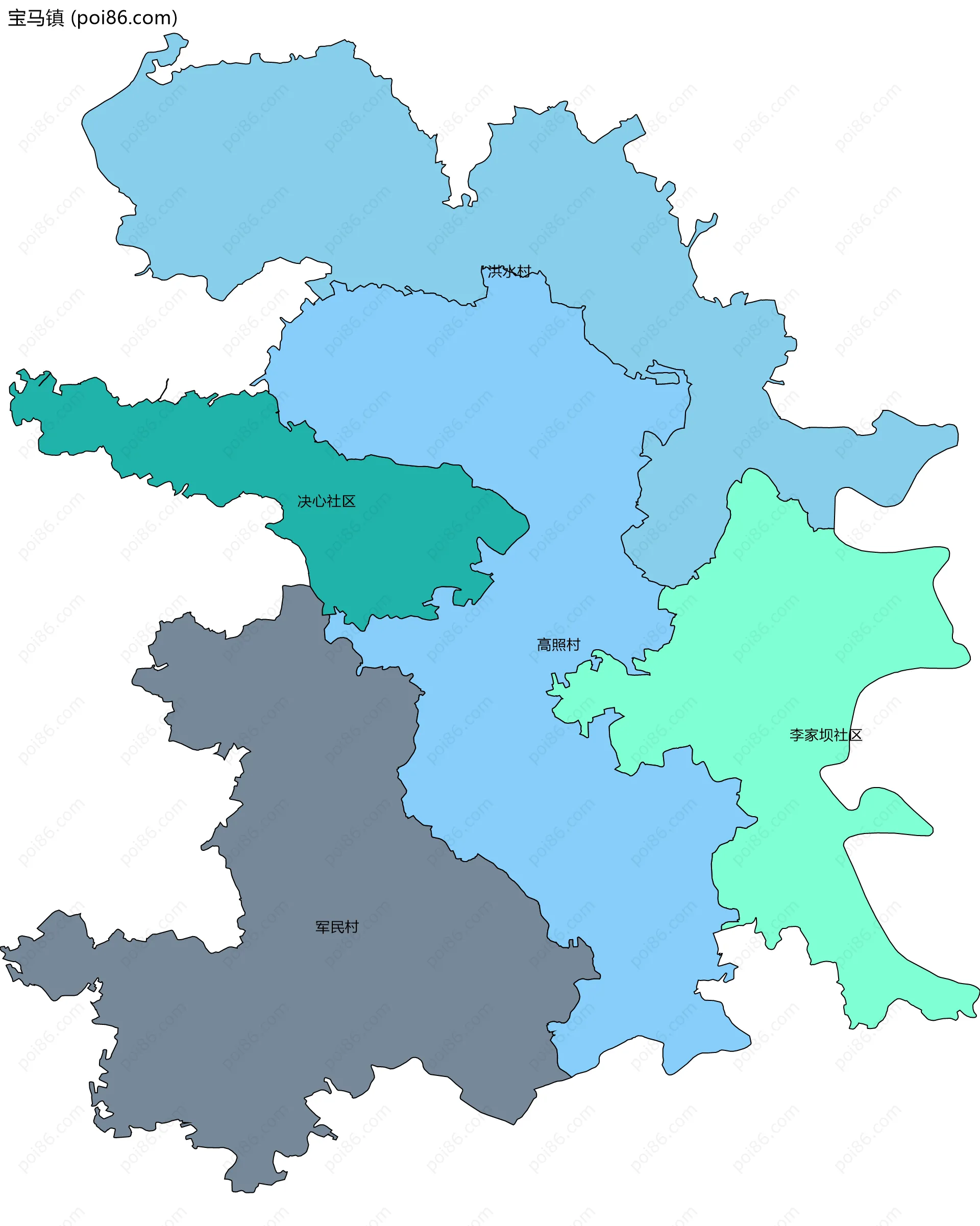 宝马镇边界地图(五级行政区划)