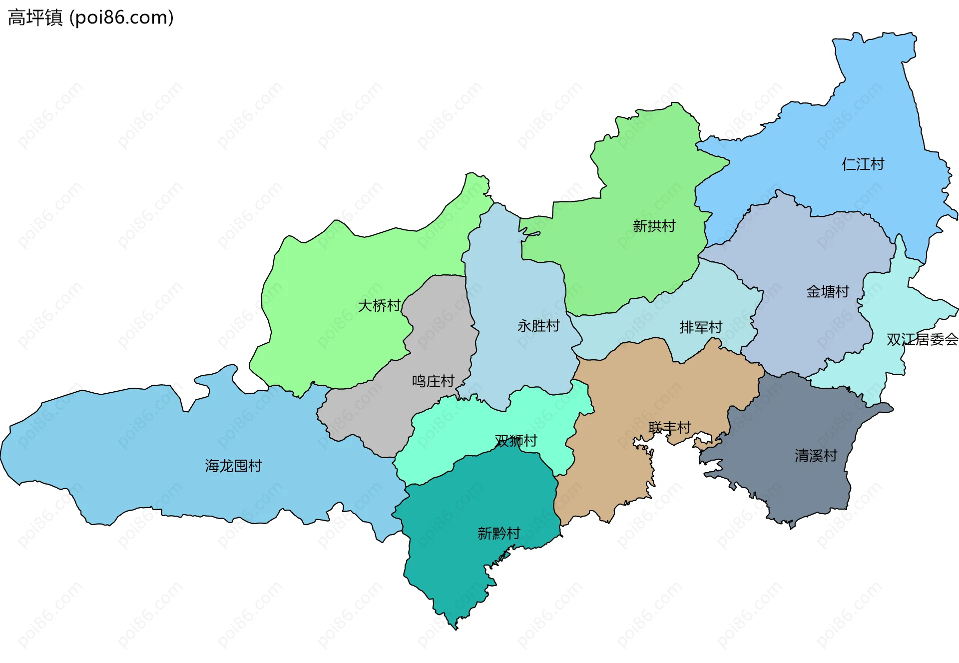高坪镇边界地图(五级行政区划)