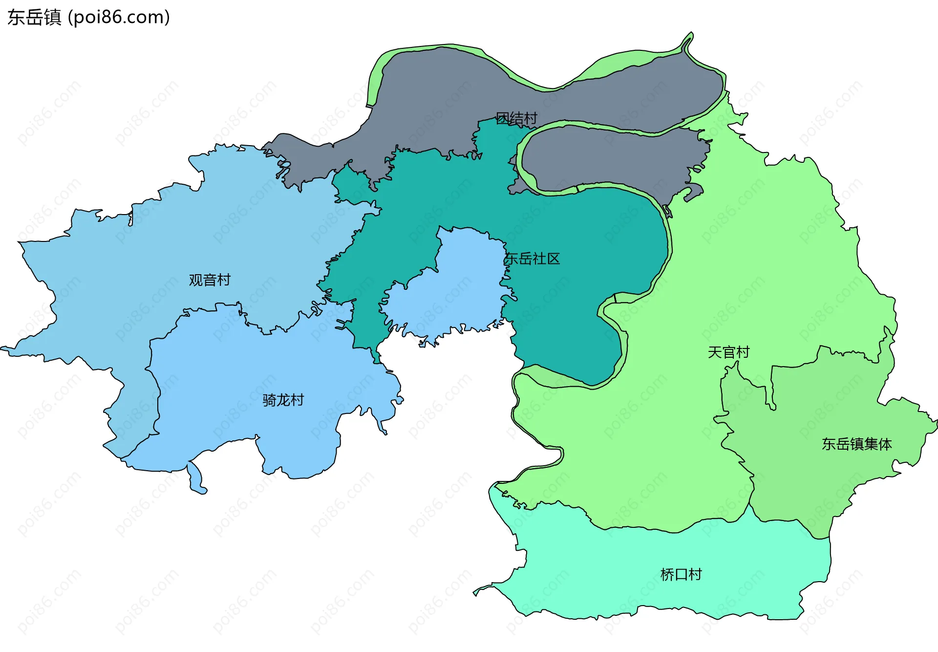东岳镇边界地图(五级行政区划)