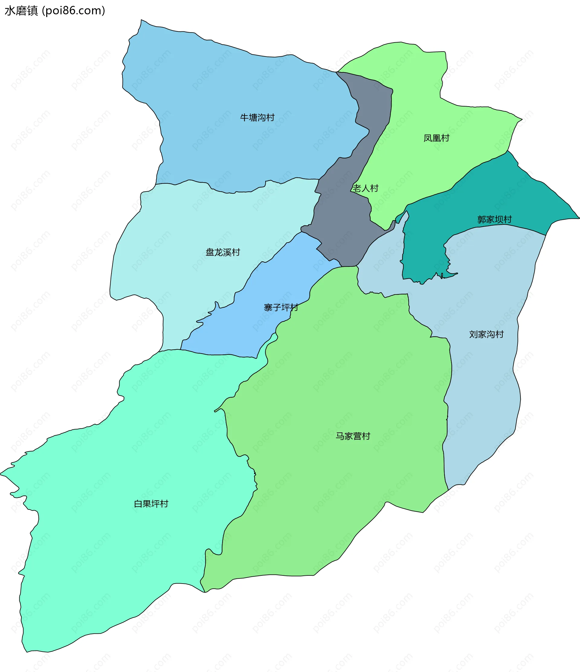 水磨镇边界地图(五级行政区划)