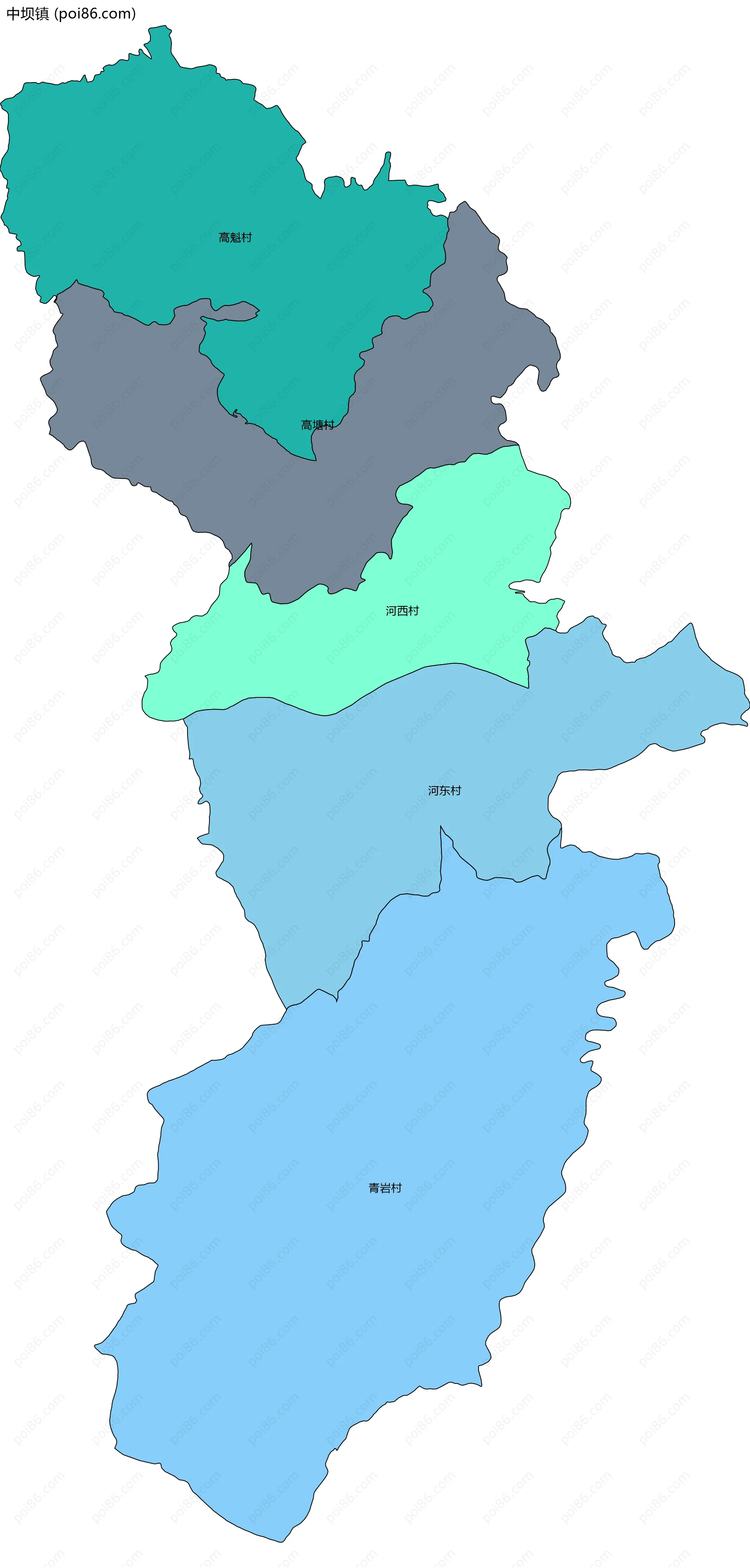 中坝镇边界地图(五级行政区划)
