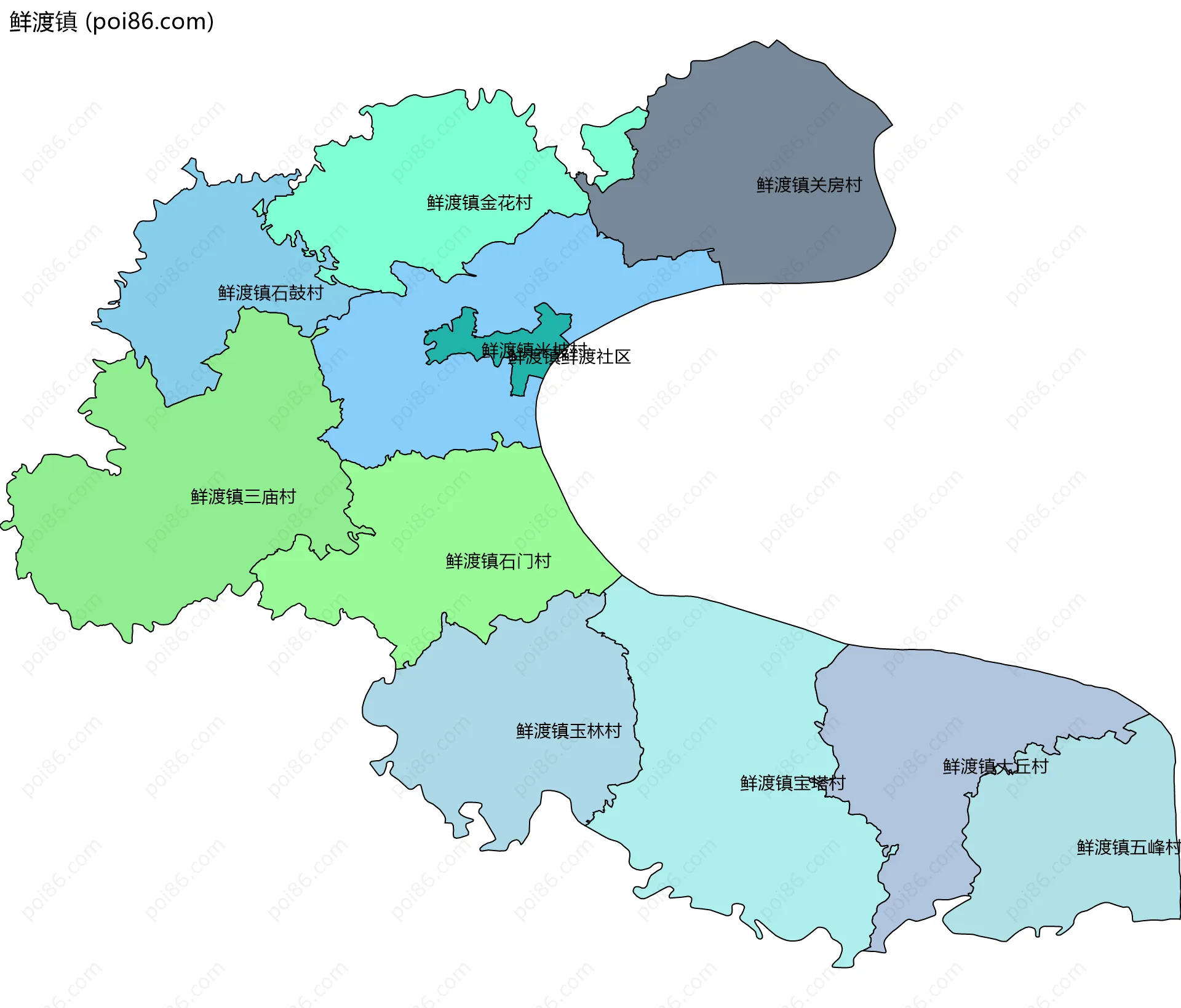 鲜渡镇边界地图(五级行政区划)