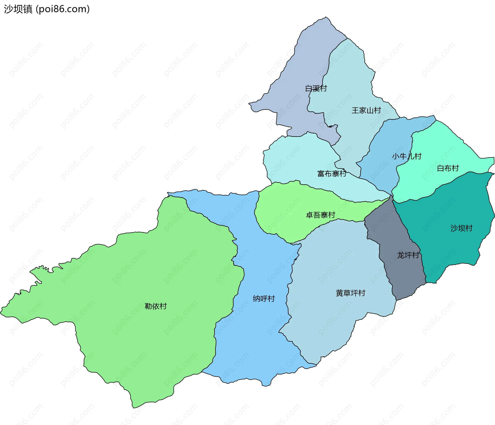 沙坝镇边界地图(五级行政区划)