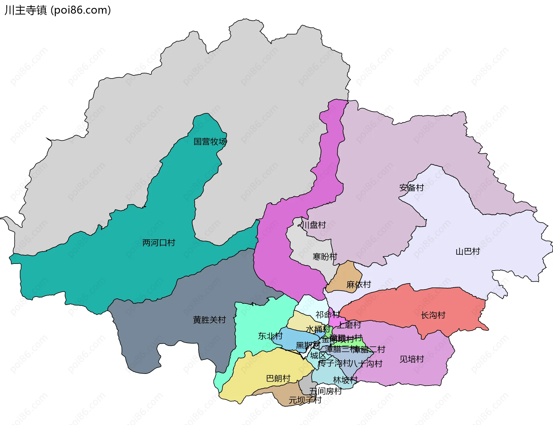 川主寺镇边界地图(五级行政区划)