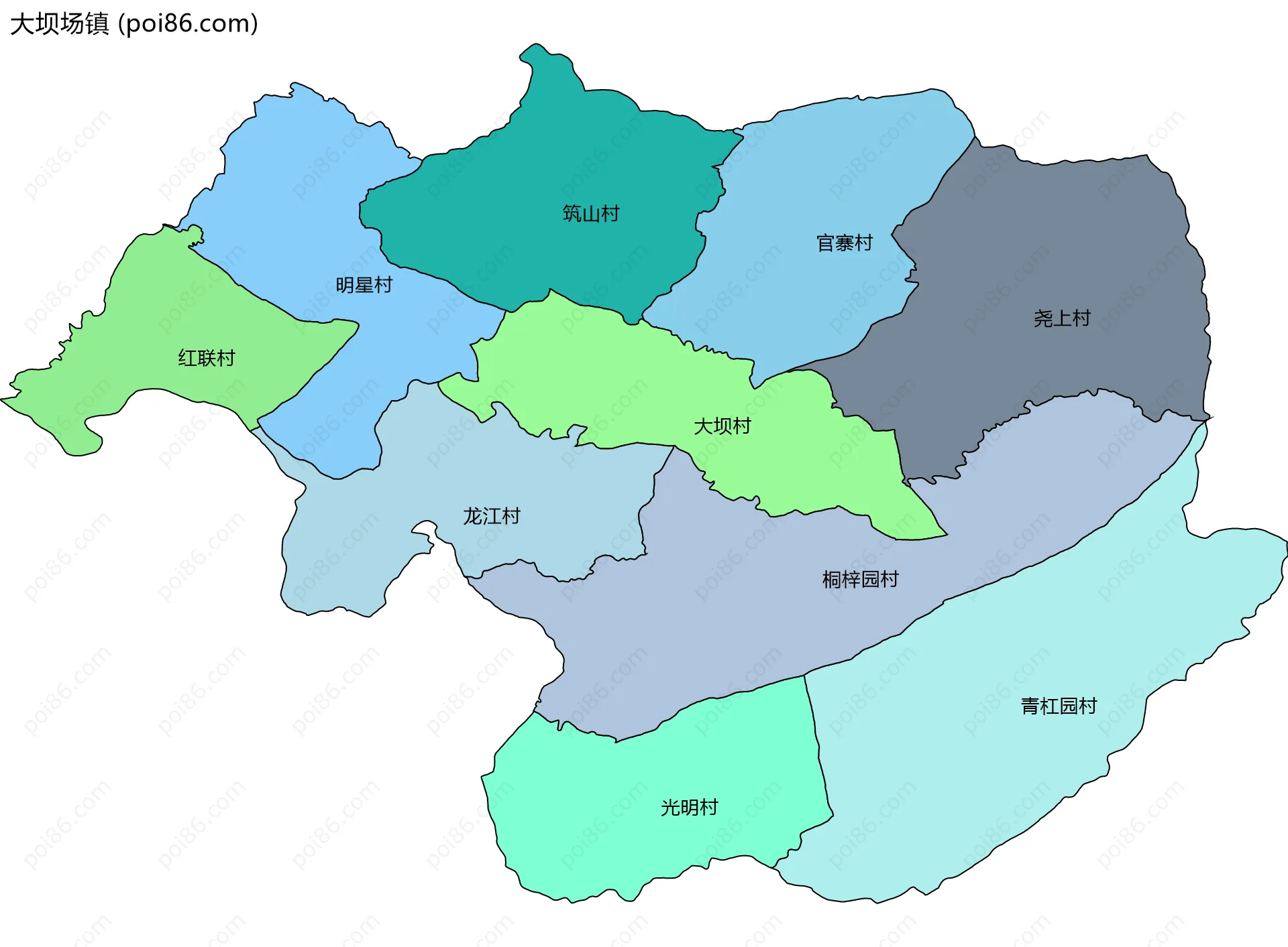 大坝场镇边界地图(五级行政区划)