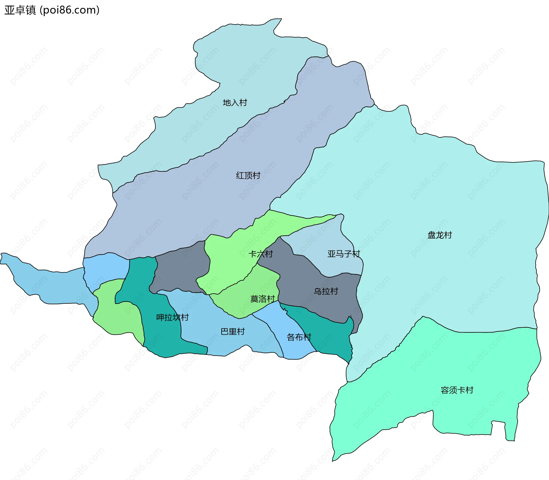 亚卓镇边界地图(五级行政区划)