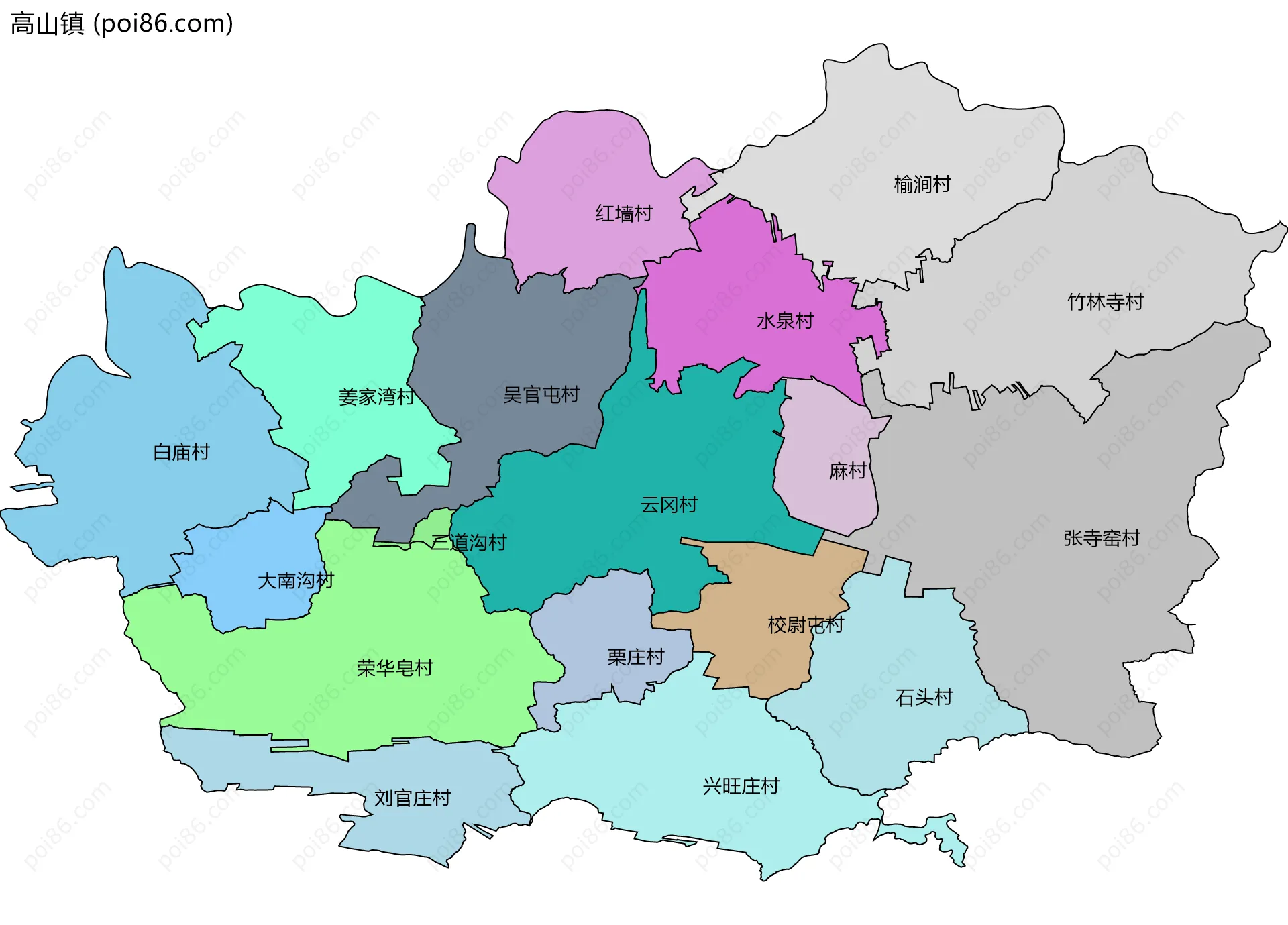 高山镇边界地图(五级行政区划)
