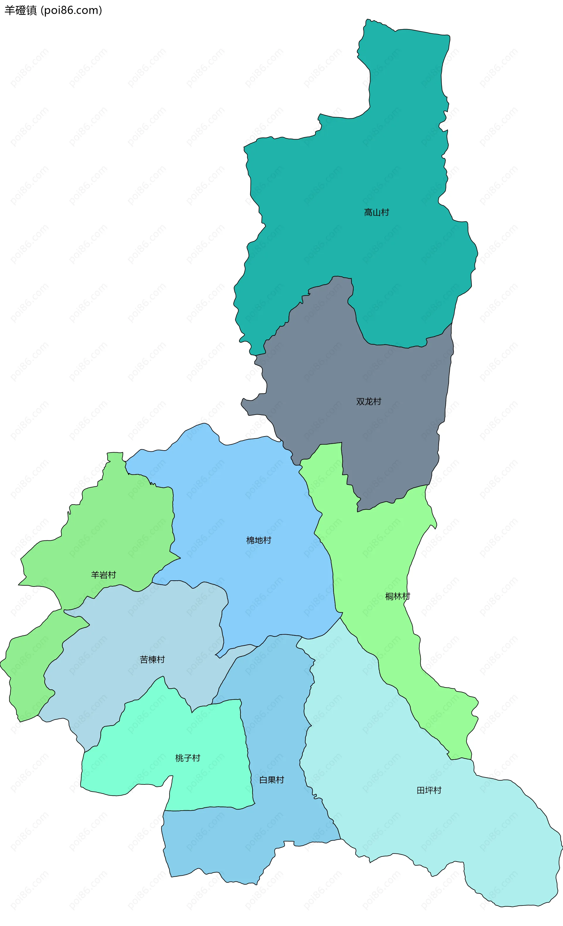 羊磴镇边界地图(五级行政区划)