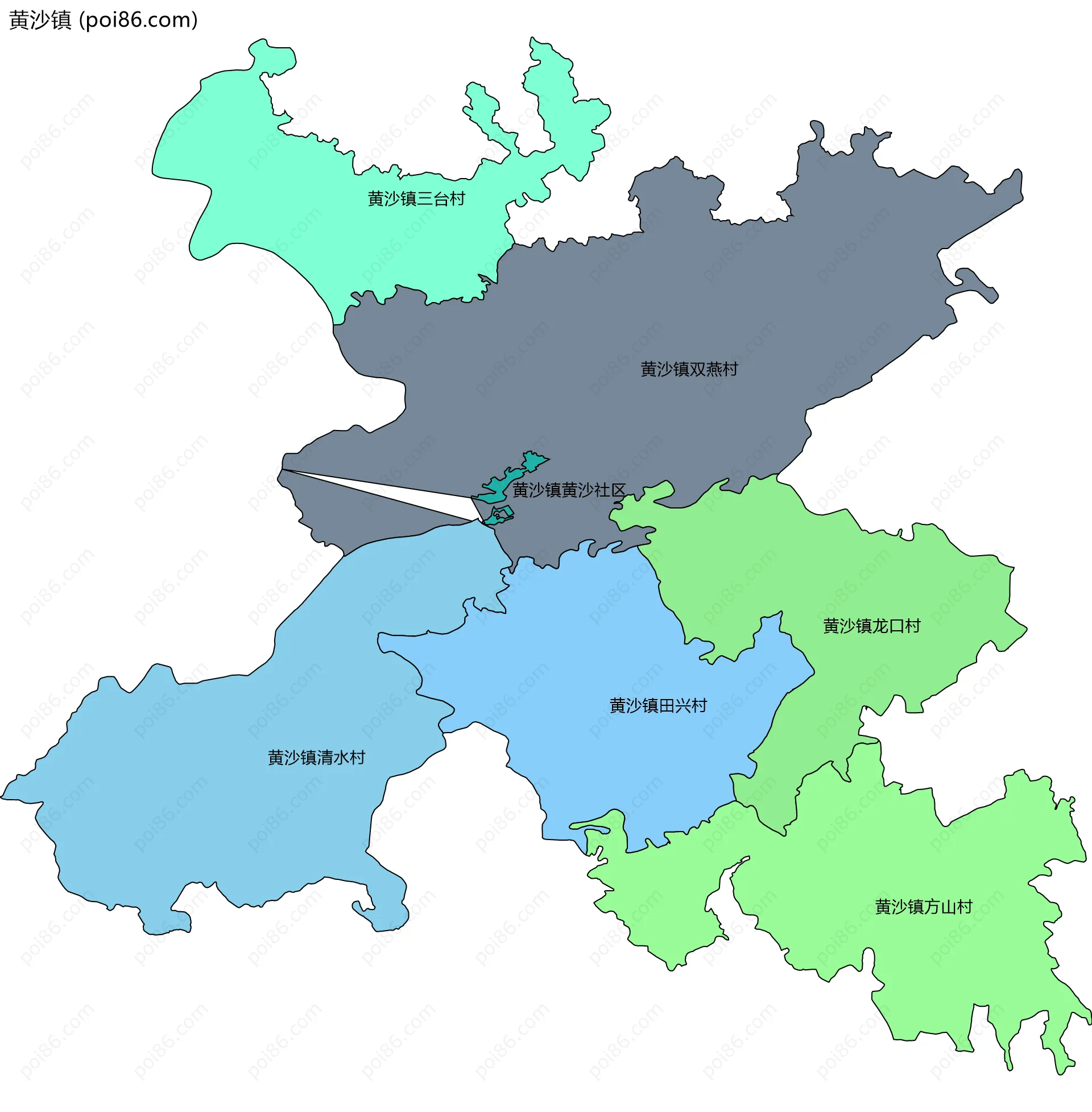黄沙镇边界地图(五级行政区划)