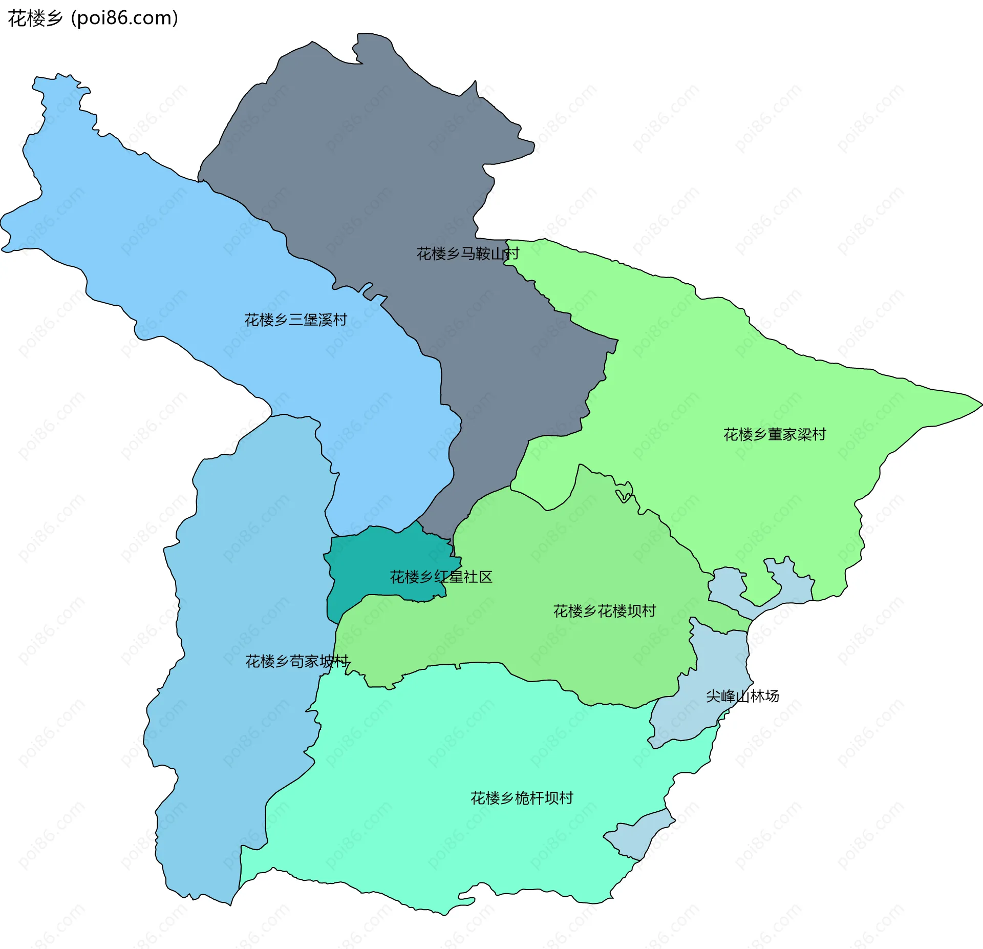 花楼乡边界地图(五级行政区划)