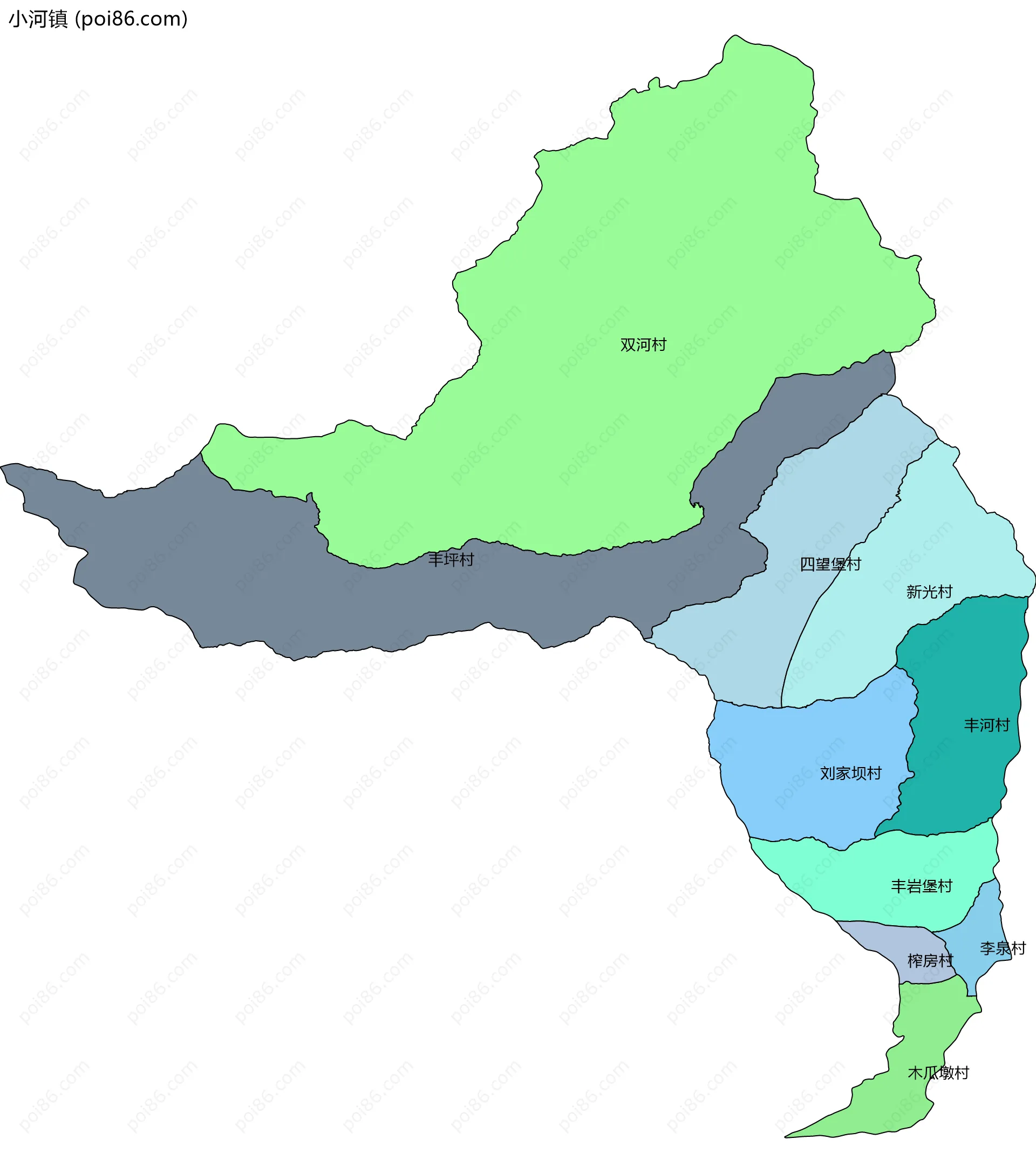 小河镇边界地图(五级行政区划)