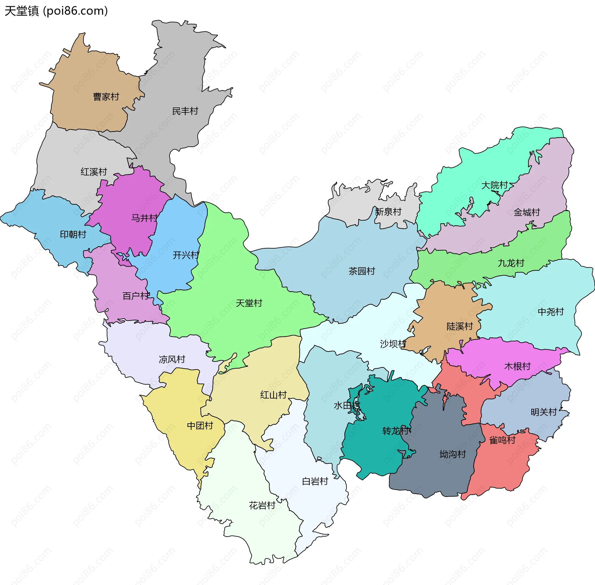 天堂镇边界地图(五级行政区划)