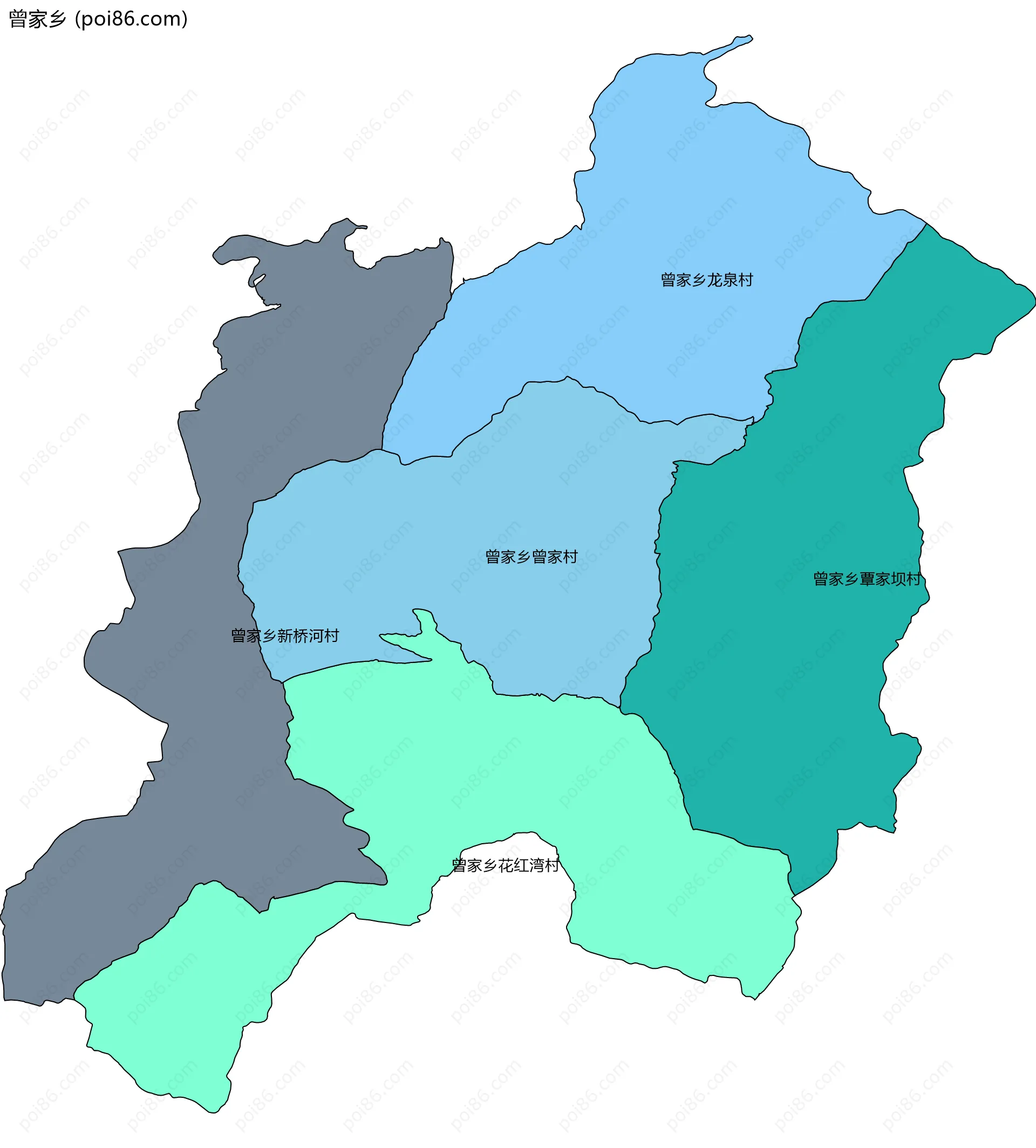 曾家乡边界地图(五级行政区划)