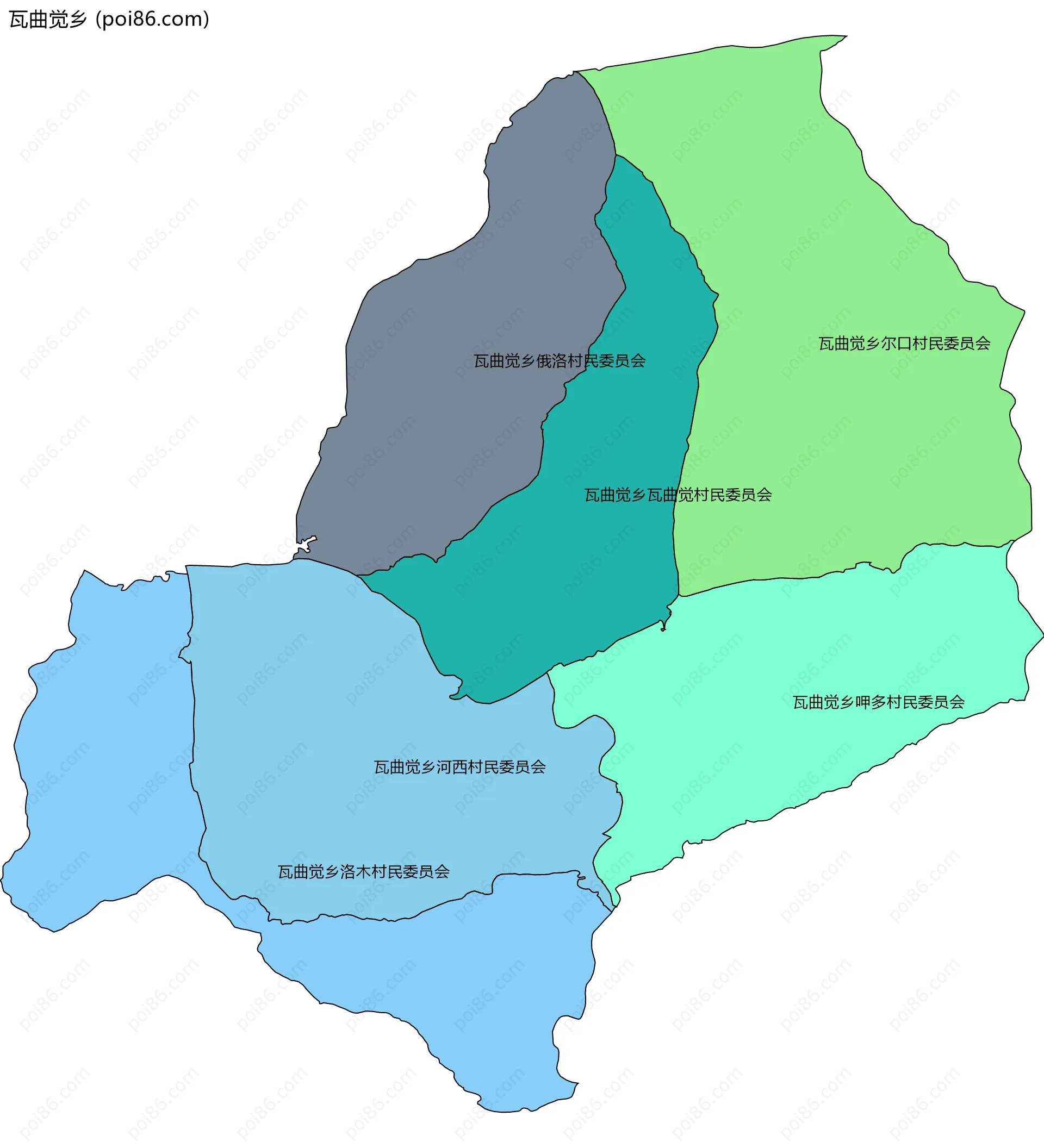 瓦曲觉乡边界地图(五级行政区划)